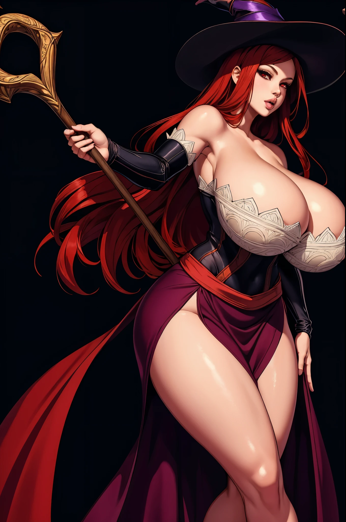 (masterpiece, best quality:1.2), 1girl, solo, sorceress, dragons crown, red eyes, long hair, red hair, hat, dress, large lips, staff, detached sleeves, bare shoulders, cleavage, side slit, strapless dress, (huge breasts:1.3), blank background, black background