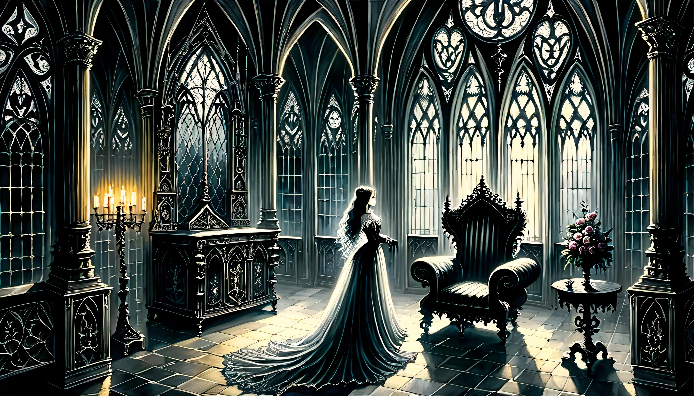 Gothic aesthetic illustration oil painting, mysterious atmosphere, Gothic elegance and intricate details, dim room, Elegant woman in a gothic dress, A scolding gaze, looking from the side, The delicate features of Gothic are emphasized., Ornate furniture and delicate lace curtains. , in beautiful gothic architecture, elaborate furniture and decorations, white lamp shining in the corner, fantastic shine, luxurious interior, gothic chairs and table, grunge painted gouache, tonal contrast, highly detailed gothic, high quality, 最high quality, Cinematic angle and light, Gothic Beauty, Gothic aesthetic illustration ultra-fine madness, Elegant work with gothic pattern, sharp gaze upwards, The delicate features of Gothic are emphasized., A beautiful flower blooming in solitude, gothic texture sky, grunge painted gouache, high contrast, highly detailed gothic, high quality, 最high quality, Cinematic angle and light,