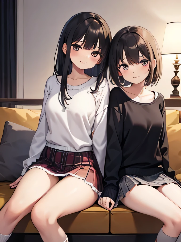(1) two women sitting next to each other, drink alcohol on the wooden floor. they are sitting ducks (girl sitting) Her white panties can be seen between her thighs and skirt..
(2) The first woman is wearing a long-sleeved turtle knit, miniskirt and black socks. long black hair. mature face.
(3) The second woman is wearing a long sleeve high neck knit, plaid mini skirt, and white leg warmers. short brown hair. Her face is young.
(4) Location: living room at night.
(5) Both women are provocative and grinning.