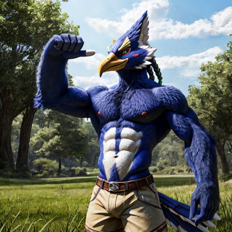 zelda breath of the wild,Revali,male,Birdman,wing,bird wings arm,adult,alone,4K,best quality,whole body,looking at the audience,slim body,hairy body,bird tail,Upper body exposed,bare chest,Hairy chest, pink nipples,Six-pack abs, biceps, anatomically correct,Delicate fur,pride,soft shadow,majestic,Detailed face,High quality eyes,green eyes,black pupils,Sharp eyes,Grandiose,brave,shorts,Confident smile,Strong,mature,Blue sky and white clouds,,forest,