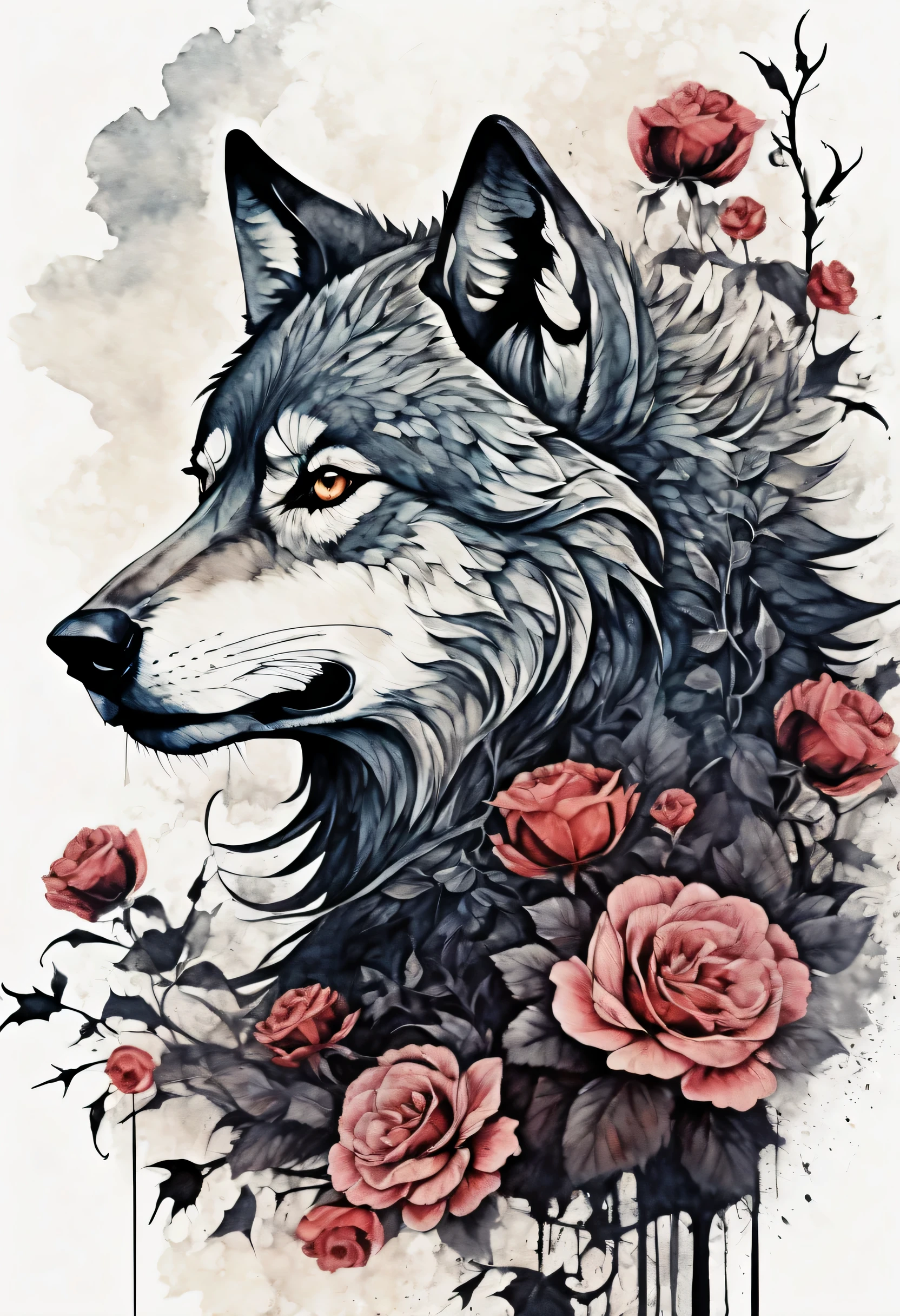 Gothic aesthetic illustration ultra-fine madness, Elegant work wolf with gothic pattern fur, sharp gaze upwards, The delicate features of Gothic are emphasized., A beautiful flower blooming in solitude, gothic texture sky, grunge painted gouache, high contrast, highly detailed gothic, high quality, 最high quality, Cinematic angle and light,