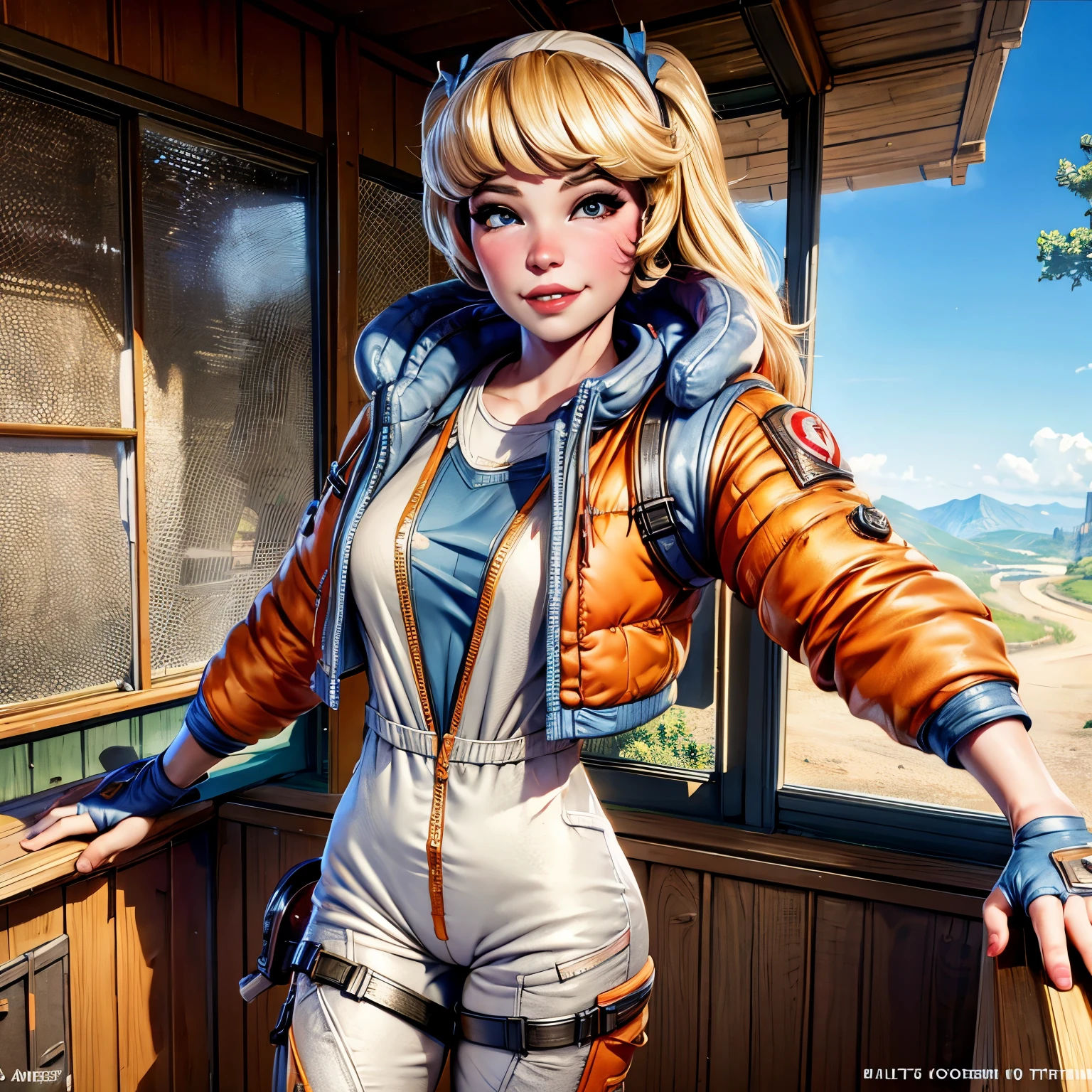 Belle Delphine cosplaying Wattson from Apex Legends, best quality, 16k, high resolution, detailed, reduced saturation,blonde hair, orange jacket, white jumpsuit, blue undershirt, natural lighting, no makeup, photography, full body photo 