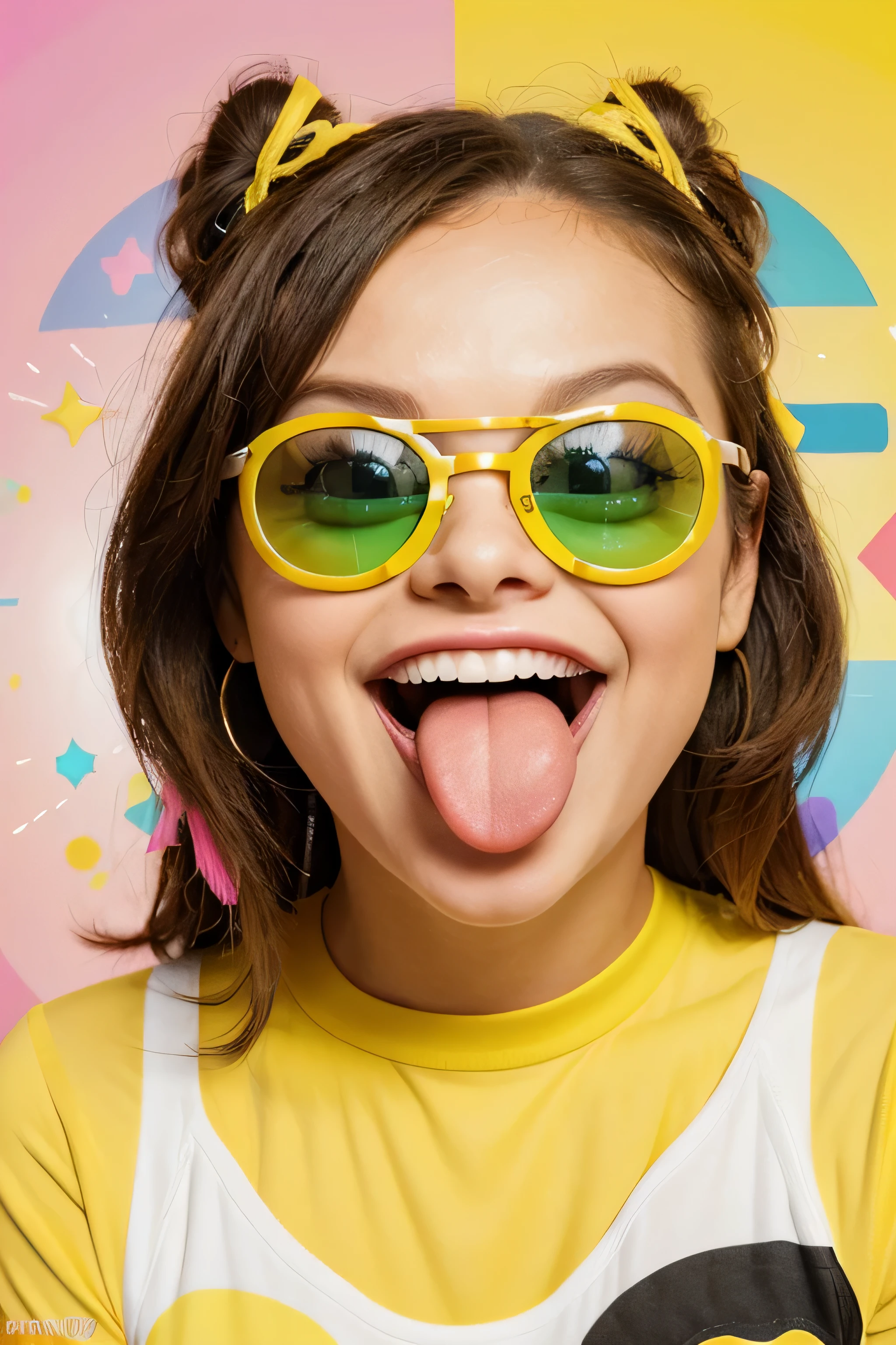 a {😝 stylish girl with sunglasses Squinting Face with Tongue A yellow face with 
scrunched, X-shaped eyes and a big grin, sticking out its tongue. Often conveys a 
sense of fun, excitement, playfulness, hilarity, and happiness, as if saying Squee! 
or Awesome! Similar to 😆 Grinning Squinting Face. Generally more exuberant than 😛 
Face With Tongue and 😜 Winking Face With Tongue. Samsung previously featured a more 
sour expression. Because of its stuck-out tongue, note that this smiley may be applied 
or interpreted in suggestive ways...} in a color layered background, in the style of 
vibrant illustrations, editorial illustrations playful streamlined forms, festive 
atmosphere, rough chalk, minimal art