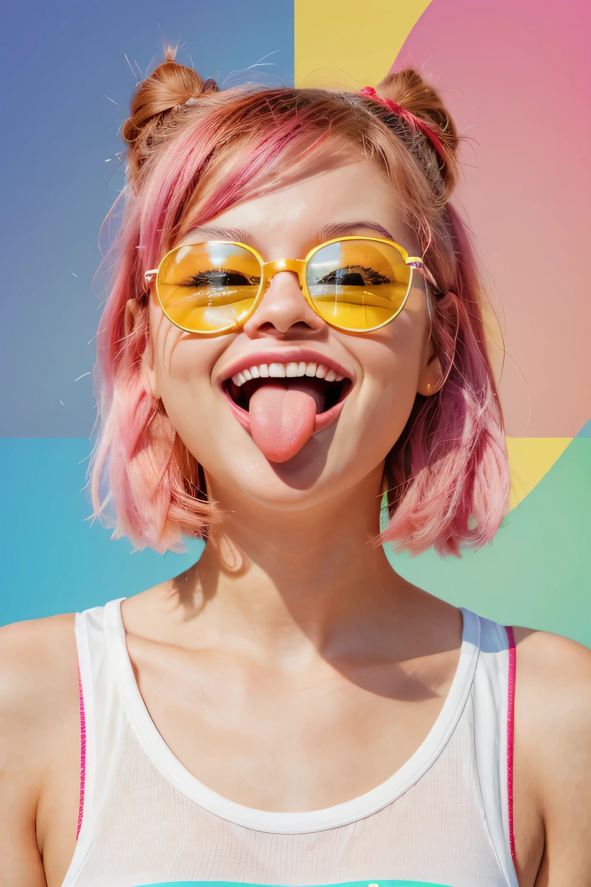 a {😝 stylish girl with sunglasses Squinting Face with Tongue A yellow face with 
scrunched, X-shaped eyes and a big grin, sticking out its tongue. Often conveys a 
sense of fun, excitement, playfulness, hilarity, and happiness, as if saying Squee! 
or Awesome! Similar to 😆 Grinning Squinting Face. Generally more exuberant than 😛 
Face With Tongue and 😜 Winking Face With Tongue. Samsung previously featured a more 
sour expression. Because of its stuck-out tongue, note that this smiley may be applied 
or interpreted in suggestive ways...} in a color layered background, in the style of 
vibrant illustrations, editorial illustrations playful streamlined forms, festive 
atmosphere, rough chalk, minimal art