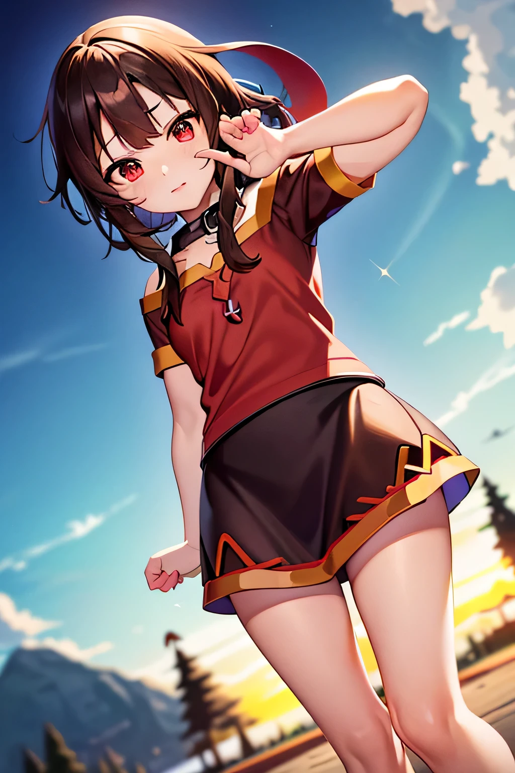 (better quality), [masterpiece], ((beautiful:0.75)  beautiful:0.75), [transparent and clean] , ((Megumin)), two, walk, night, brown hair, black skirt, red sweater, short hair, red eyes.stand with hands on hips、Low - Angle、Please lift up your skirt and show me your white panties..