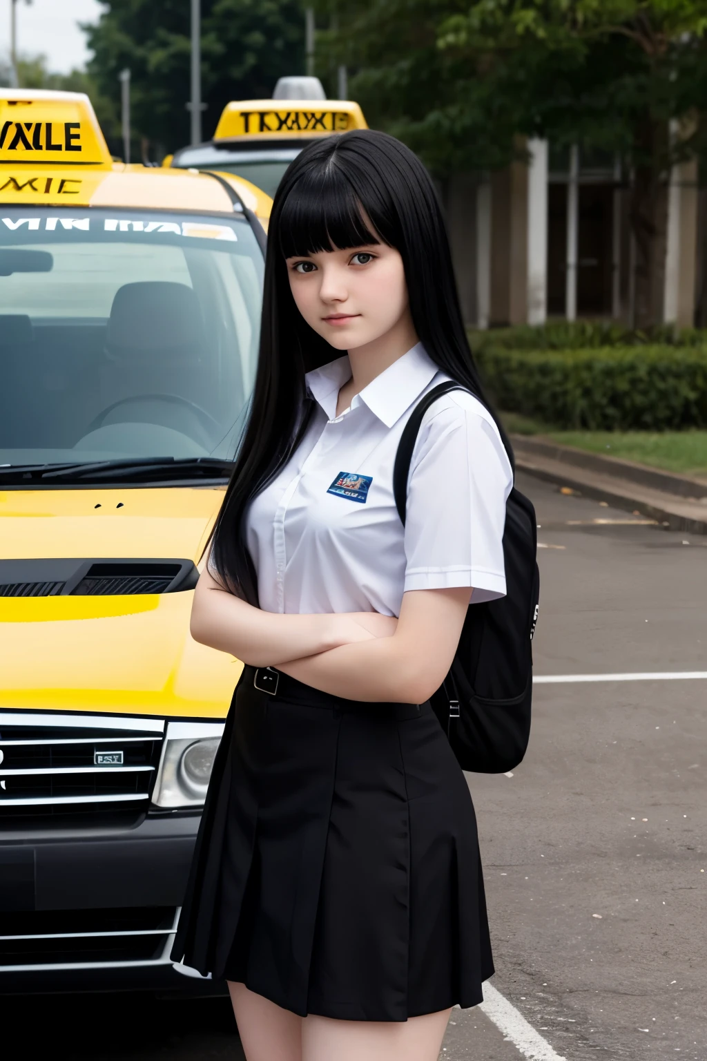 a beautiful 18 years old pale skin girl with black hair and thick fringe, wearing a student uniform, innocent pose, stand in front of a taxi next to a high school