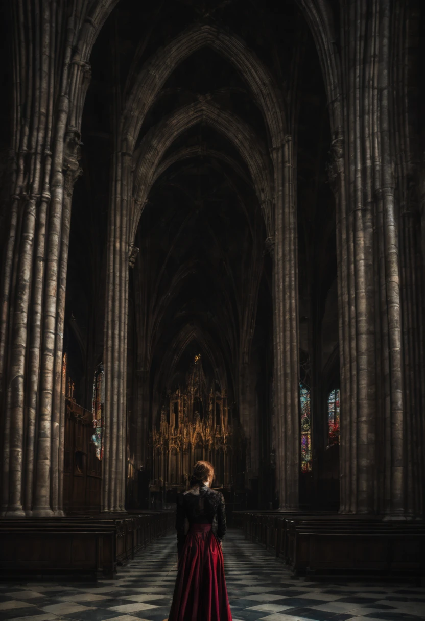 1girl, gothic aesthetic, Grand Gothic Cathedral; Dark Eerie Atmosphere, Hyperrealistic, sharp focus shot, intricately detailed, color depth, dramatic, side light, colorful stars, intricate details, HDR, beautifully shot, hyperrealistic, sharp focus, megapixels, perfect composition, high contrast, cinematic, atmospheric, moody