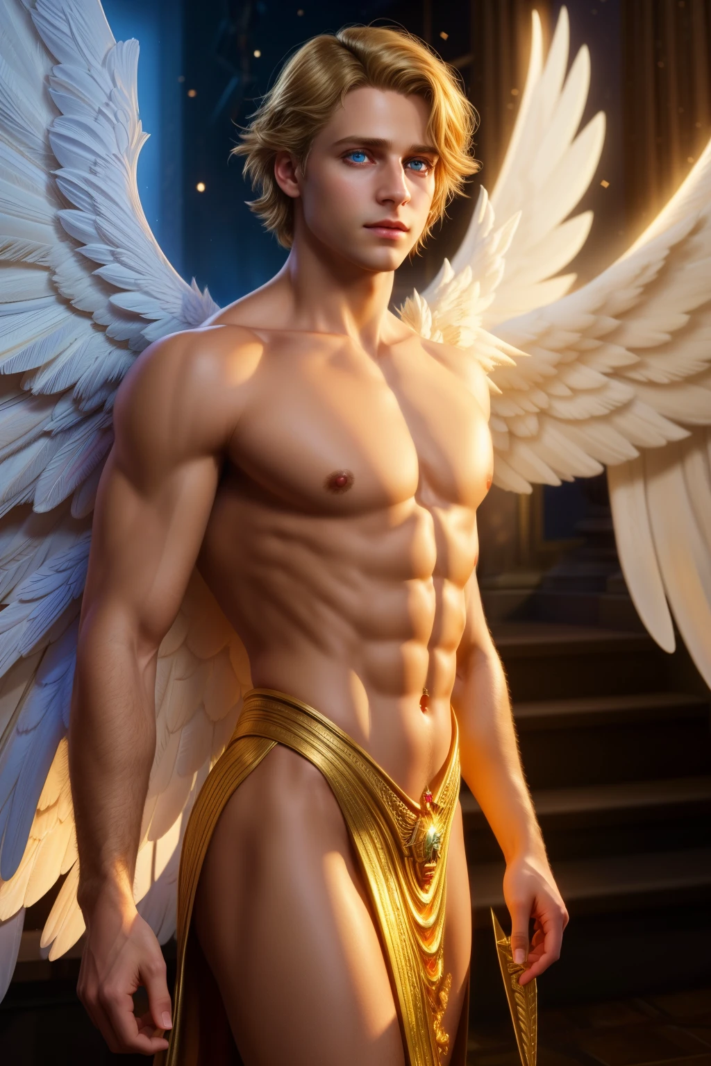 looking into camera, best quality, masterpiece, upper body, bright highlights, (extremely detailed CG unity 8k wallpaper), handsome young man, angelic wings, halo, (male, man), messy hair, short hair, serious, dramatic pose, cinematic lighting, photorealistic, dynamic pose, sharp-focus, 80s fantasy art, (photorealistic:1.4), (masterpiece, finely detailed beautiful eyes: 1.2), masterpiece*portrait, realistic, 3d face, glowing eyes, blonde hair, 1920s plunging neckline dress