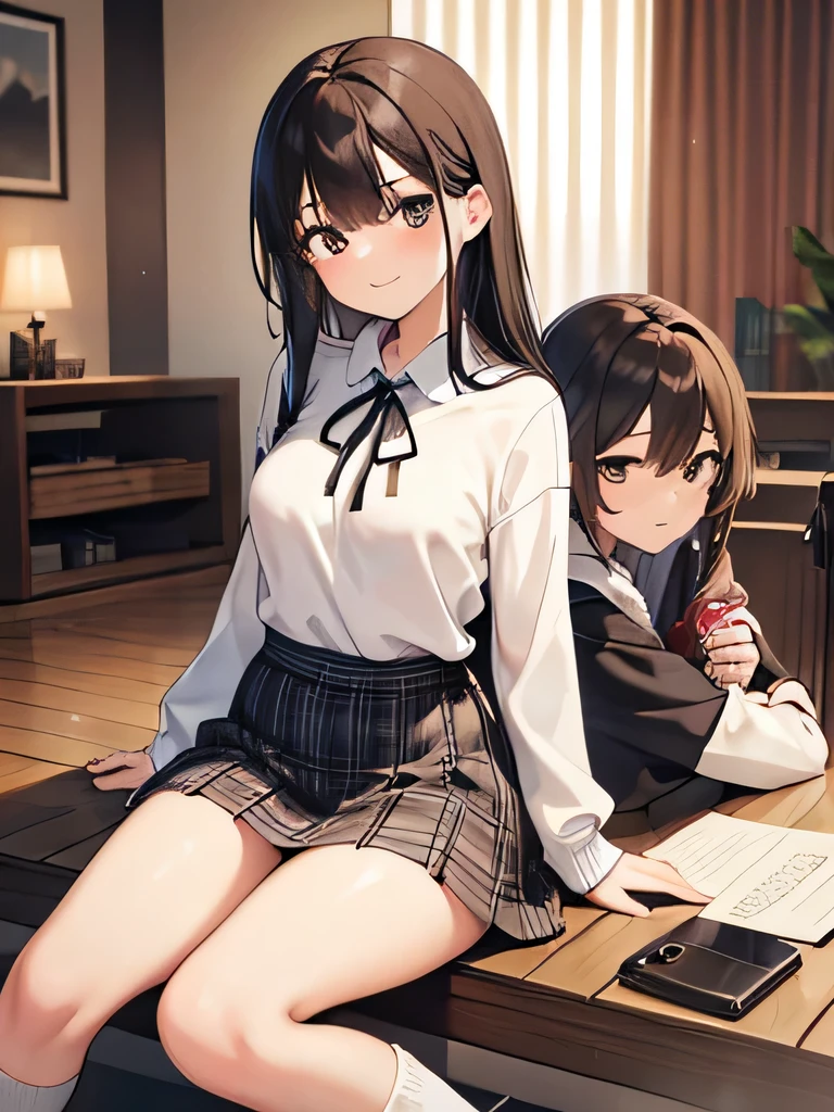 (1) two women sitting next to each other, drink alcohol on the wooden floor. they are sitting ducks (girl sitting) Her white panties can be seen between her thighs and skirt..
(2) The first woman is wearing a long-sleeved turtle knit, miniskirt and black socks. long black hair. mature face.
(3) The second woman is wearing a long sleeve high neck knit, plaid mini skirt, and white leg warmers. short brown hair. Her face is young.
(4) Location: living room at night.
(5) Both women are provocative and grinning.
