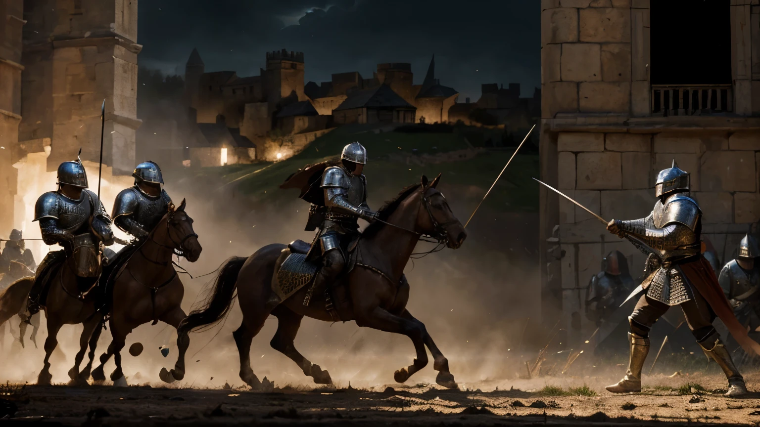 (a detailed medieval battle, oil painting),(best quality,highres),(knights in shining armor, archers in the background, fearsome enemies),(dramatic lighting, shadows),(vivid colors, warm tone)