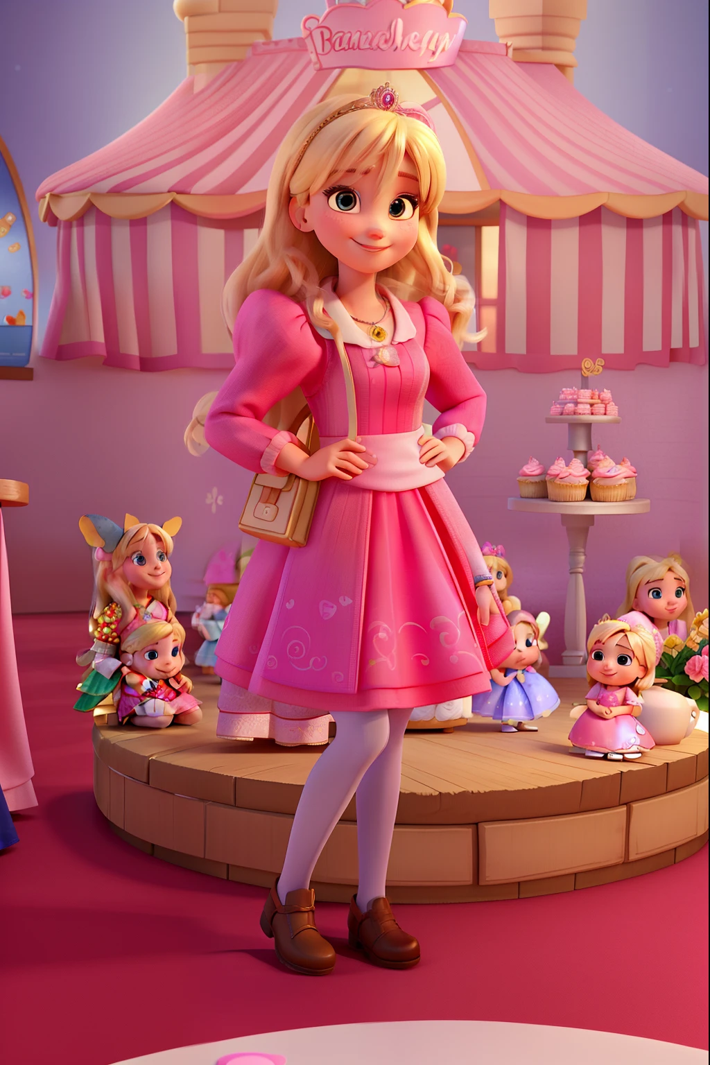 
a woman with blonde hair, realistic face, small eyes, smiling, in Disney Pixar 3D animation style, facing the camera, wearing a pink dress, in a princess themed children's party environment