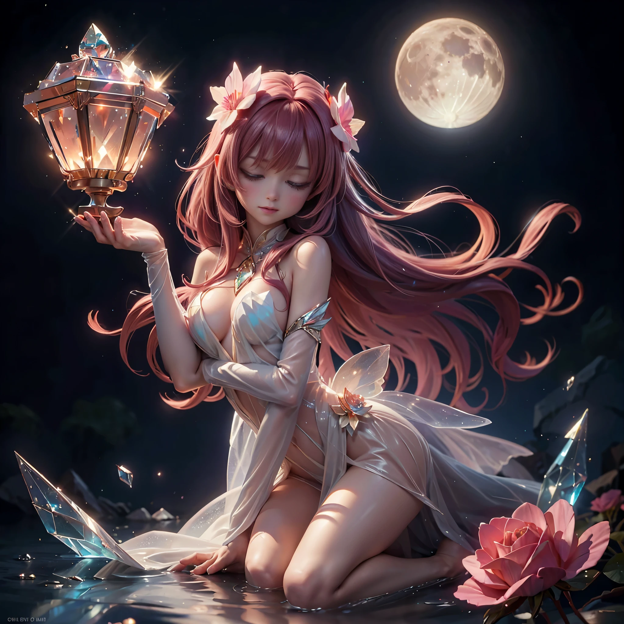 Translucent ethereal alien warrior , colorful background with star's moon's , high detail , Hight resolution: 1.5, Ultra CG , Super masterpiece、vivd colour、Bright lighting、dream-like、Magical、The mirror reflects light、ultra-detailliert、Rich colors、exquisitedetails、butterflys,Exquisite butterflies, Transparent gems , Orange in the sky、pink there、The water is crystal clear and splashing、Dynamic and breathtaking scenes、 with fallen crystal flower and fallen rose , high detail background , Ultra Resolution : 2:7 , 8k , 16k