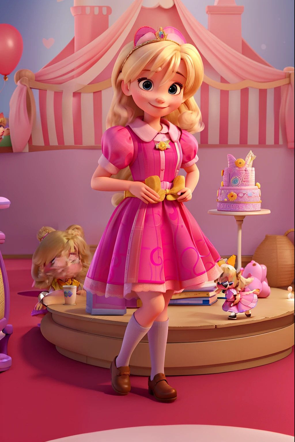 
a woman with blonde hair, realistic face, small eyes, smiling, in Disney Pixar 3D animation style, facing the camera, wearing a pink dress, in a princess themed children's party environment