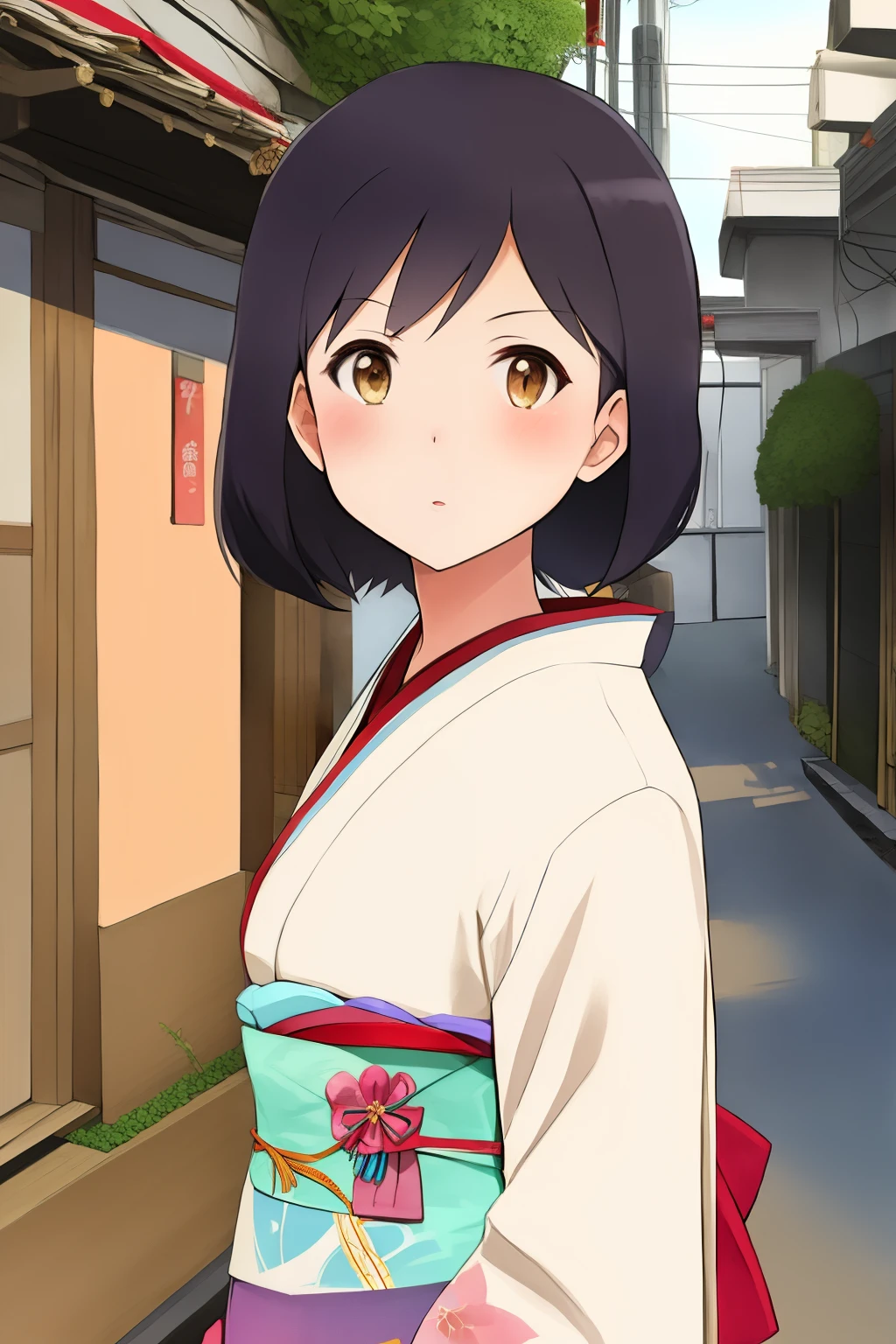 anime girl in a kimono outfit standing in a narrow alley