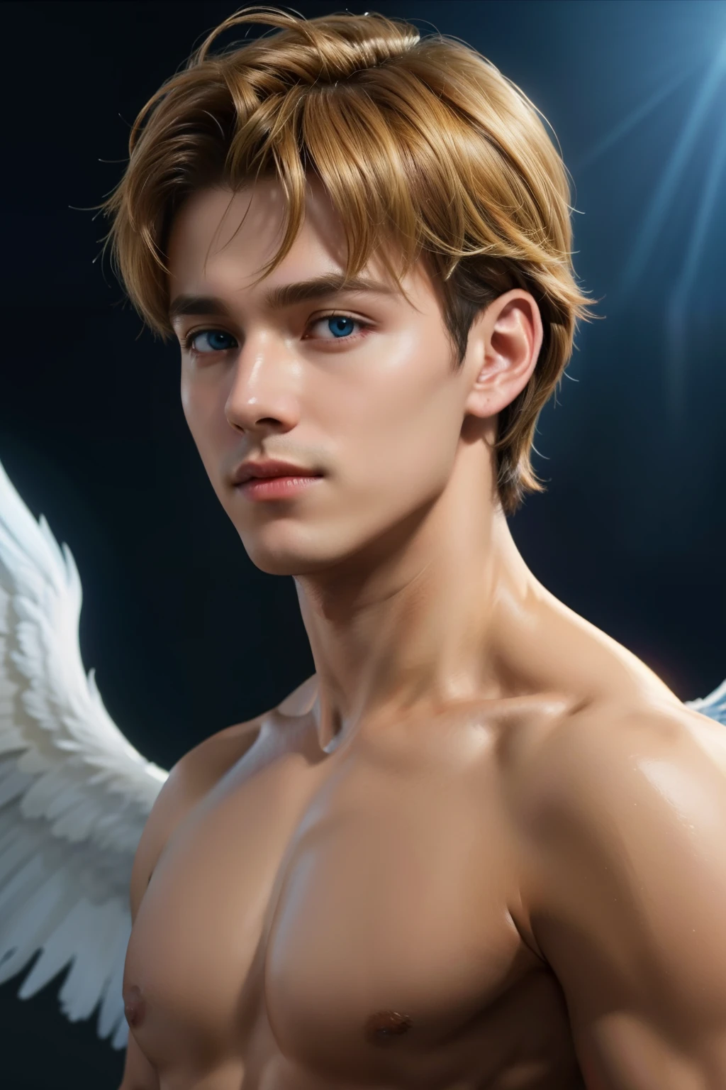 looking into camera, best quality, masterpiece, upper body, bright highlights, (extremely detailed CG unity 8k wallpaper), handsome young man, angelic wings, halo, (male, man), messy hair, short hair, serious, dramatic pose, cinematic lighting, photorealistic, dynamic pose, sharp-focus, 80s fantasy art, (photorealistic:1.4), (masterpiece, finely detailed beautiful eyes: 1.2), masterpiece*portrait, realistic, 3d face, glowing eyes, blonde hair, 1920s plunging neckline dress