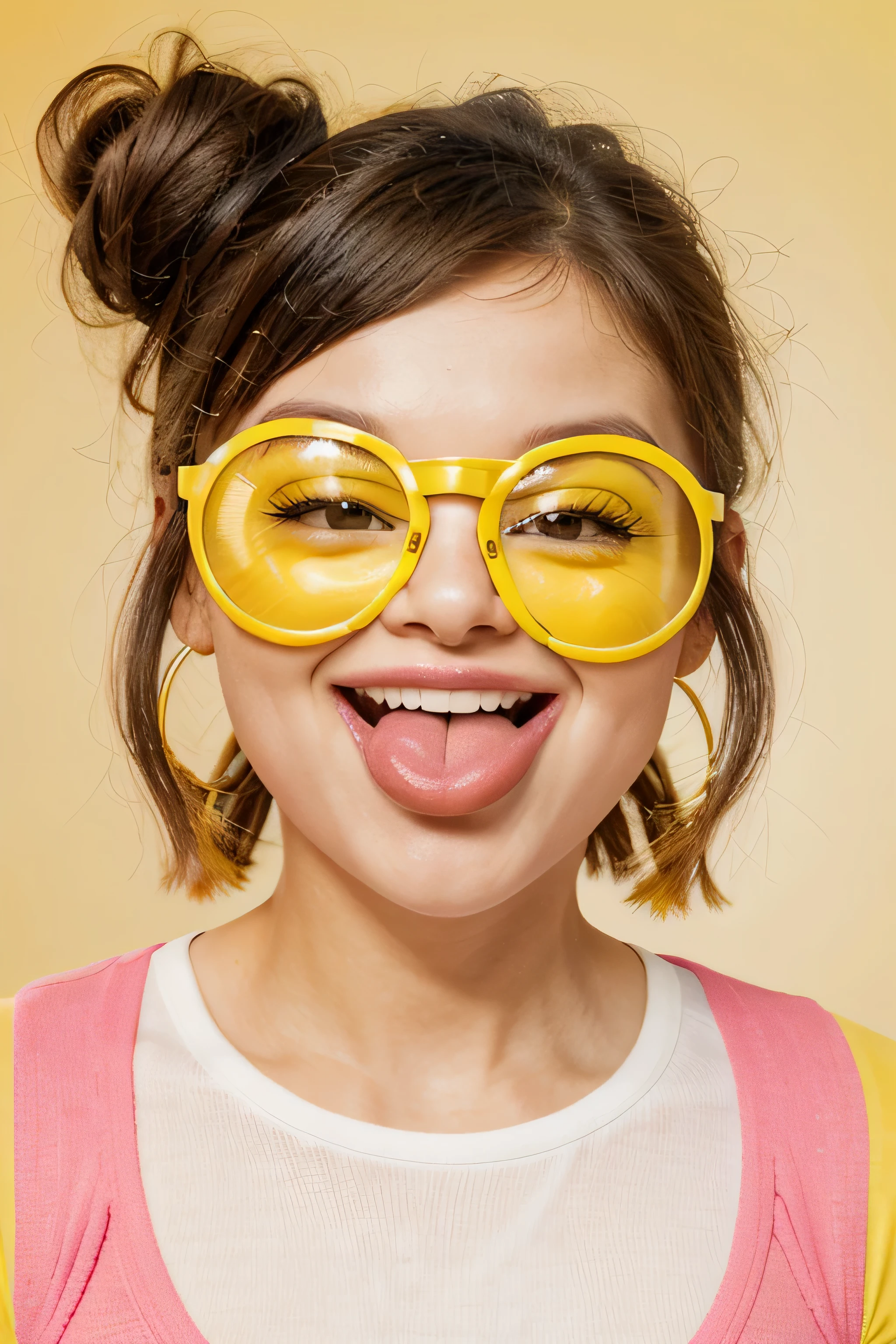 a {😝 stylish girl with sunglasses Squinting Face with Tongue A yellow face with scrunched, X-shaped eyes and a big grin, sticking out its tongue. Often conveys a sense of fun, excitement, playfulness, hilarity, and happiness, as if saying Squee! or Awesome! Similar to 😆 Grinning Squinting Face. Generally more exuberant than 😛 Face With Tongue and 😜 Winking Face With Tongue. Samsung previously featured a more sour expression. Because of its stuck-out tongue, note that this smiley may be applied or interpreted in suggestive ways...} in a color layered background, in the style of vibrant illustrations, editorial illustrations playful streamlined forms, festive atmosphere, rough chalk, minimal art