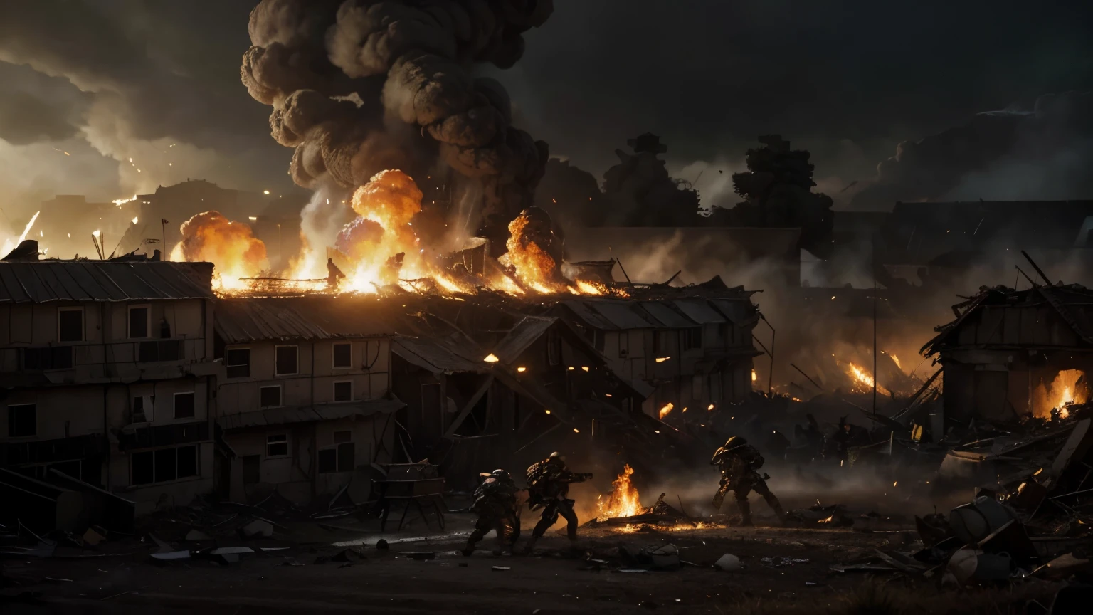 Movie scene, epic movie, aliens with technological armor on the street attacking people, exploding cars, buildings on fire, buildings collapsing, maximum quality, epic, alien invasion, maximum quality film, shot by a wide-angle lens, maximum quality, Full quality, epic scene, perfect scene --realistic-- movie scene (maximum quality) (alien ships)