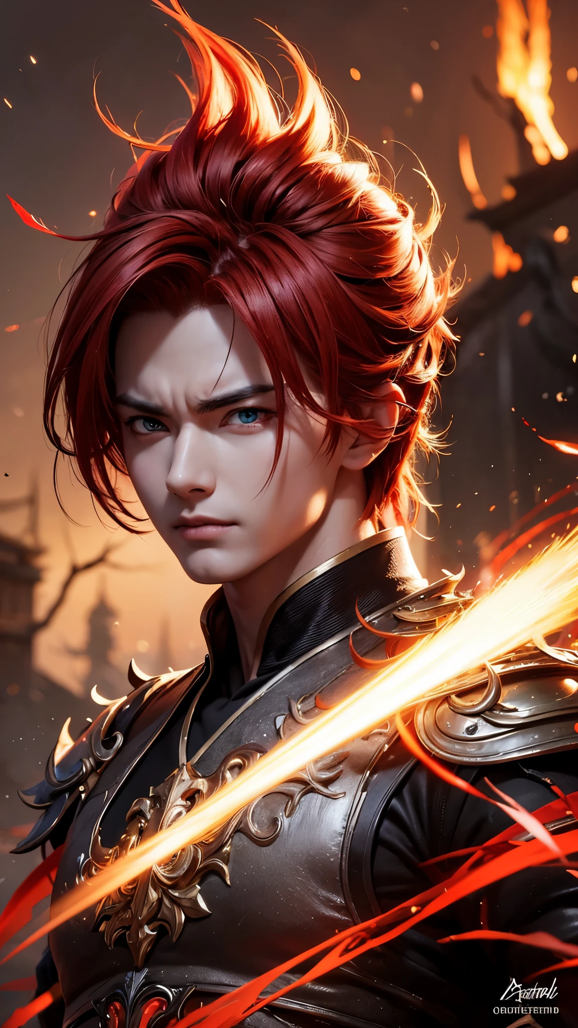 An 8k masterpiece, highest resolution, every detail, meticulous detail, depth of field, bright colors, beautiful composition: stunning take on an anime character Gohan with brilliant red hair and beautifully detailed glowing eyes, standing against a dark and ominous background. This handsome demon slayer is the epitome of bad guys in the world of fantasy art.