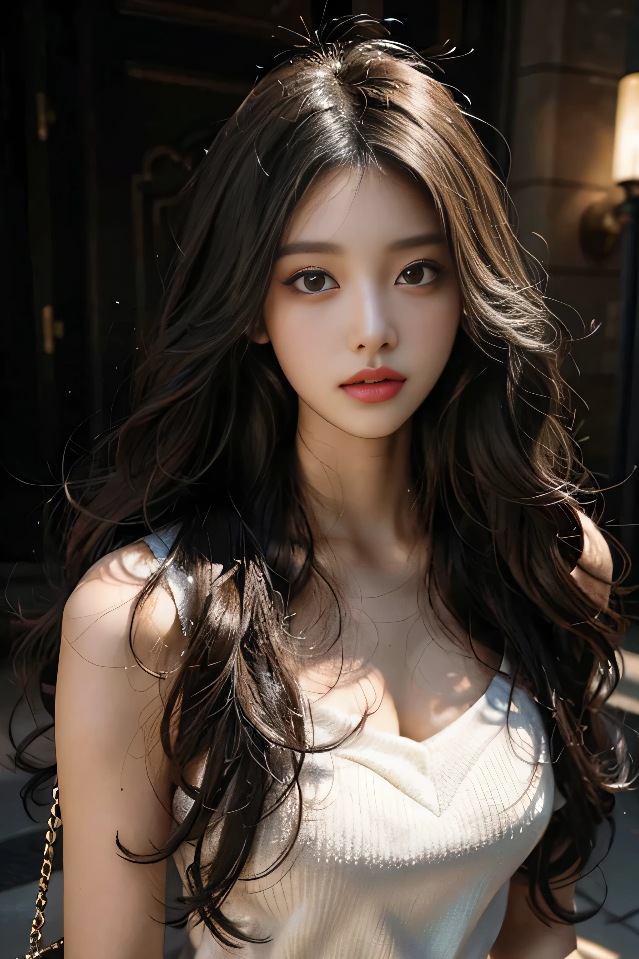masterpiece, best quality, beautiful black and Asian mixed 19 year old, ebony skin female, long, frizzy, curly dark hair, perfect face, half body, long hair