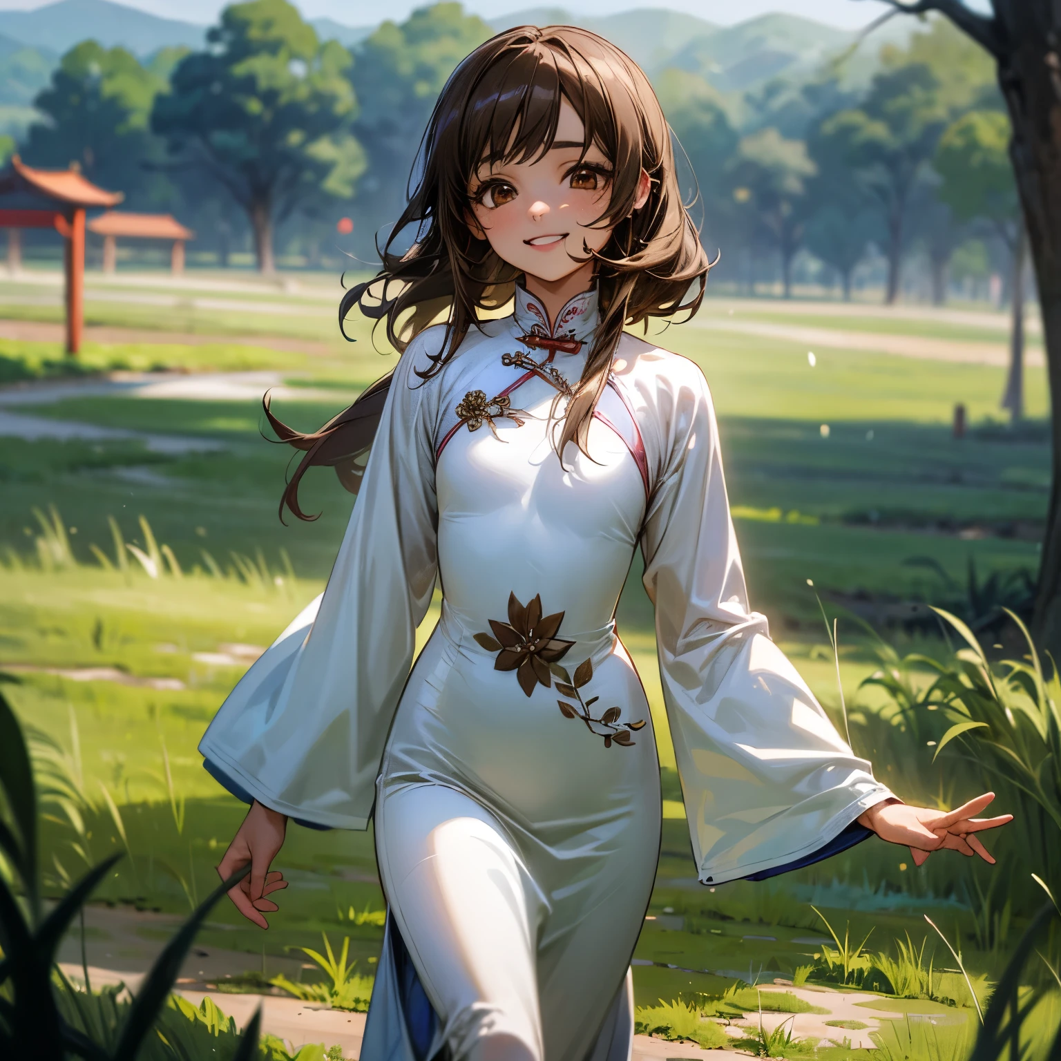 ((Masterpiece)), (Anime:1.5), ((best quality)), (Professional Photography:1.3), (High Definition), (RAW photo:1.2), (12 years old), Transcendently Beautiful Girl, BREAK, (beautiful brown eyes:1.5), Glossy skin, (makeup red lipstick), BREAK, (unruly hair:1.3), BREAK, Flat_Chest, grin, long eyelashes, makeup, BREAK, (plain white ao dai:1.5), side focus, outdoor, daytime, walking on field, no wind, captures a super cute moment,