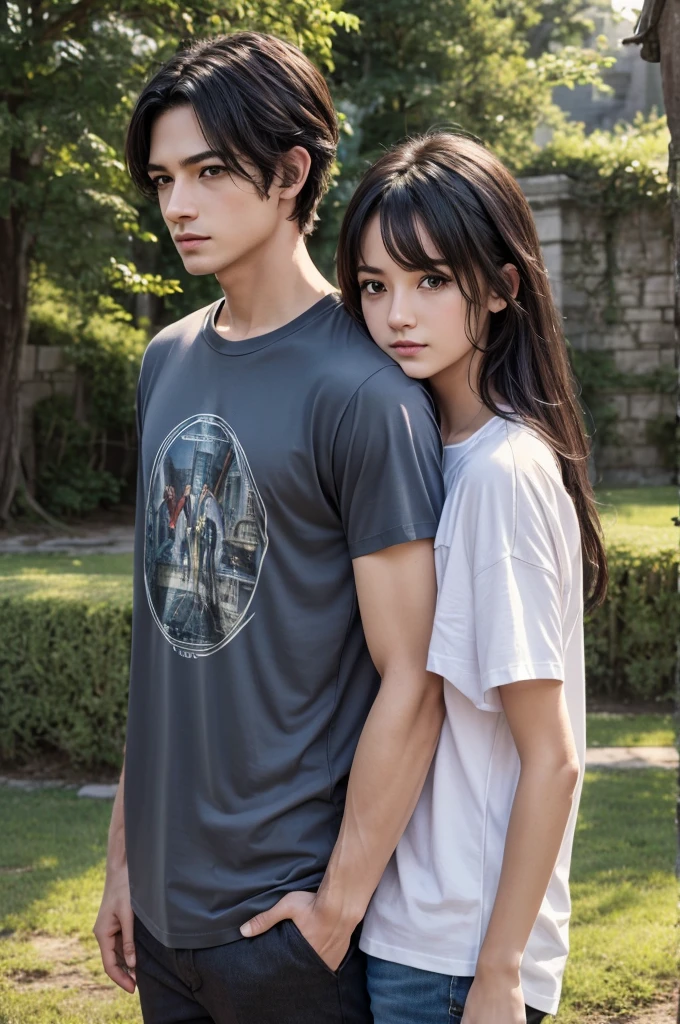 masterpiece, best quality, {best quality}, {{masterpiece}}, {highres}, {{{field field}}, extremely detailed couple, illustration, couple, 1boy, 1girl, couple, love, love, romantic, sharp focus, male focus, female focus, black hair, violet eyes, sun, sunlight, lifting, surprised, envy, t-shirts, men's leisure clothes, expressionless, women's fashion, dungeon, adventurer, goblin