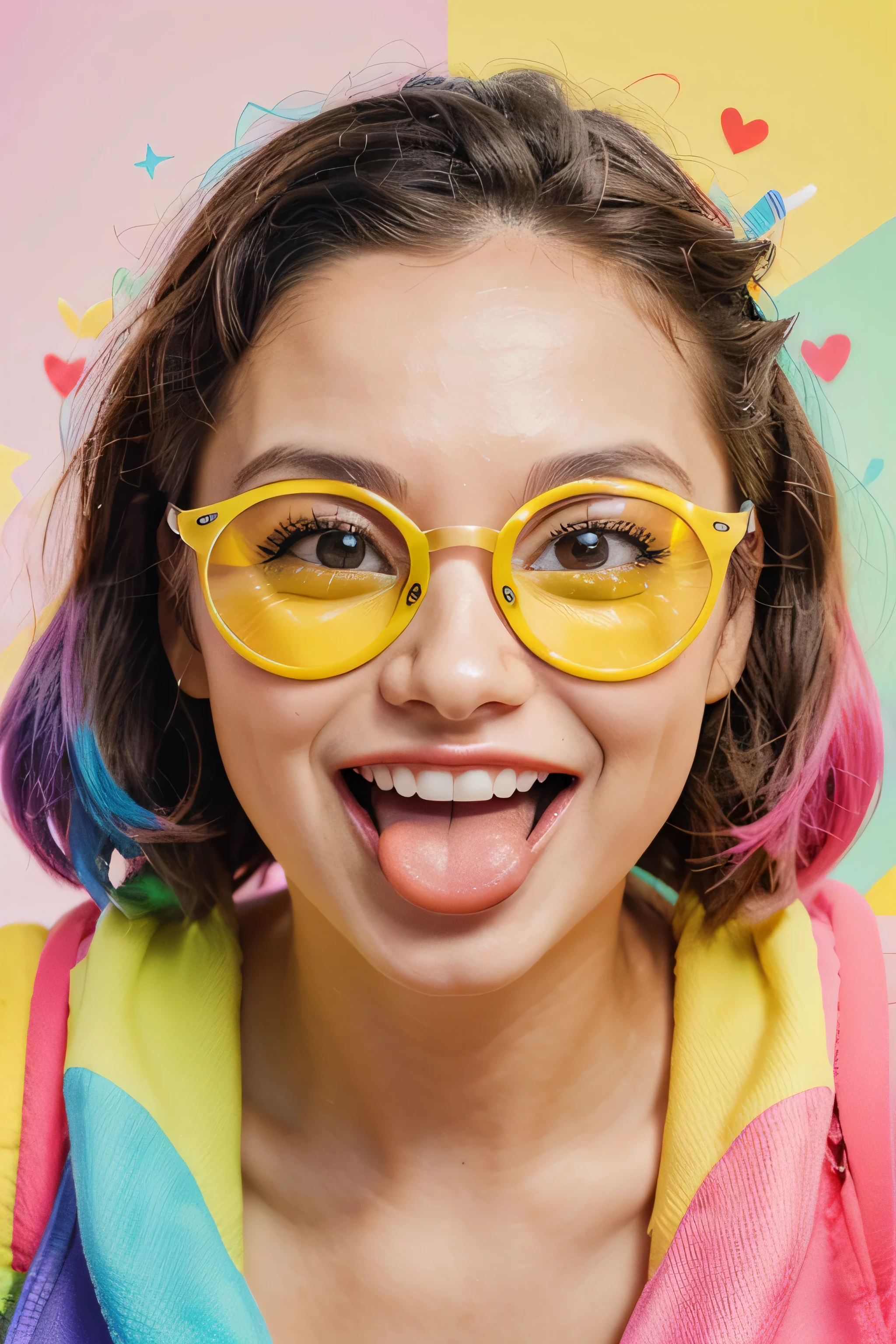 a {😝girl sunglasses Squinting Face with Tongue A yellow face with scrunched, X-shaped eyes and a big grin, sticking out its tongue. Often conveys a sense of fun, excitement, playfulness, hilarity, and happiness, as if saying Squee! or Awesome! Similar to 😆 Grinning Squinting Face. Generally more exuberant than 😛 Face With Tongue and 😜 Winking Face With Tongue. Samsung previously featured a more sour expression. Because of its stuck-out tongue, note that this smiley may be applied or interpreted in suggestive ways...} in a color layered background, in the style of vibrant illustrations, editorial illustrations playful streamlined forms, festive atmosphere, rough chalk, minimal art