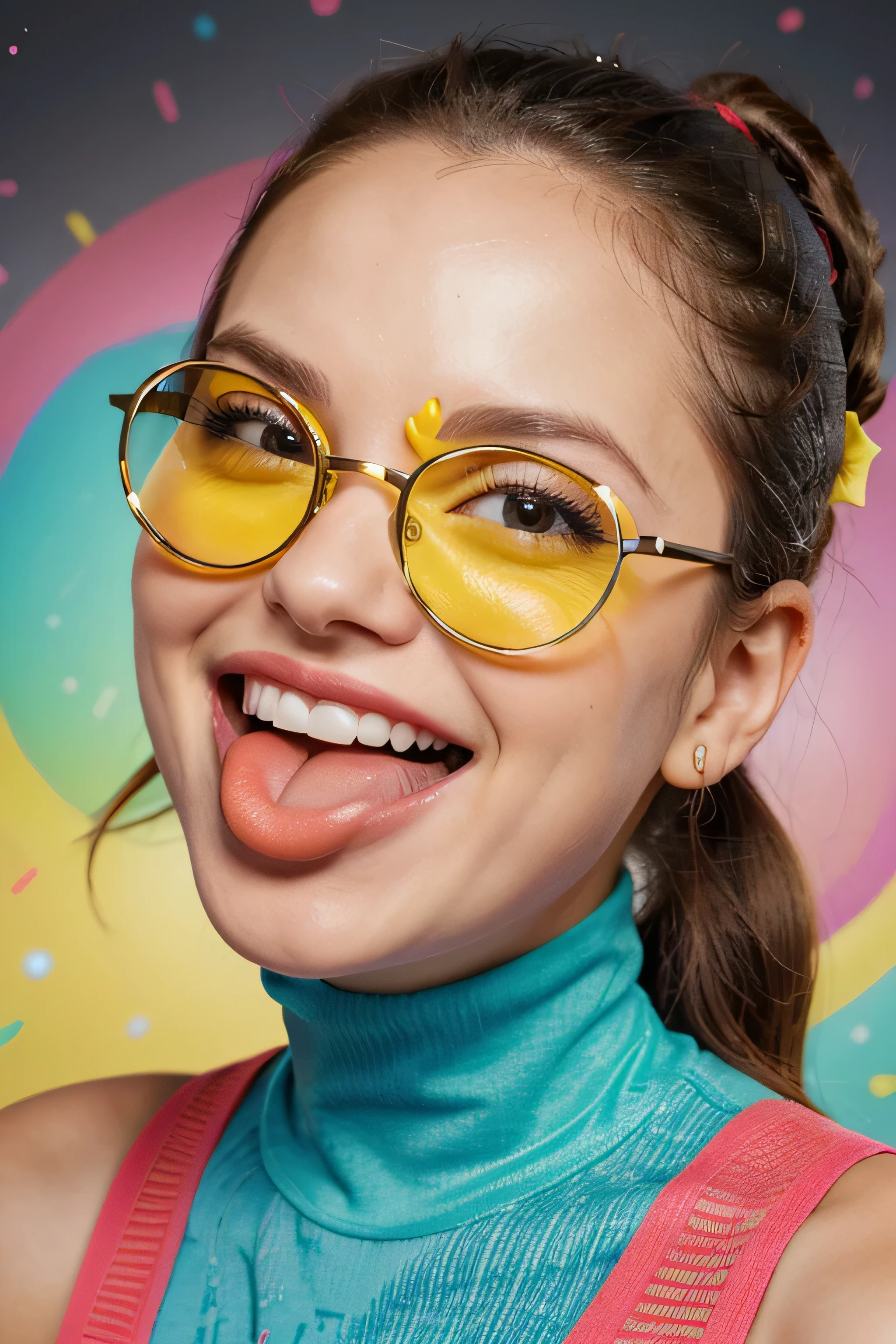 a {😝girl sunglasses Squinting Face with Tongue A yellow face with scrunched, X-shaped eyes and a big grin, sticking out its tongue. Often conveys a sense of fun, excitement, playfulness, hilarity, and happiness, as if saying Squee! or Awesome! Similar to 😆 Grinning Squinting Face. Generally more exuberant than 😛 Face With Tongue and 😜 Winking Face With Tongue. Samsung previously featured a more sour expression. Because of its stuck-out tongue, note that this smiley may be applied or interpreted in suggestive ways...} in a color layered background, in the style of vibrant illustrations, editorial illustrations playful streamlined forms, festive atmosphere, rough chalk, minimal art