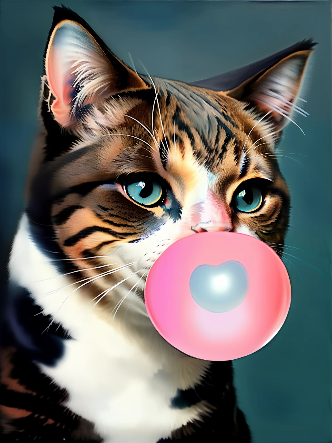 painting in the style, of a cat , navy_blue tones and pale highlights. blowing bubble gum, pink bubble gum 