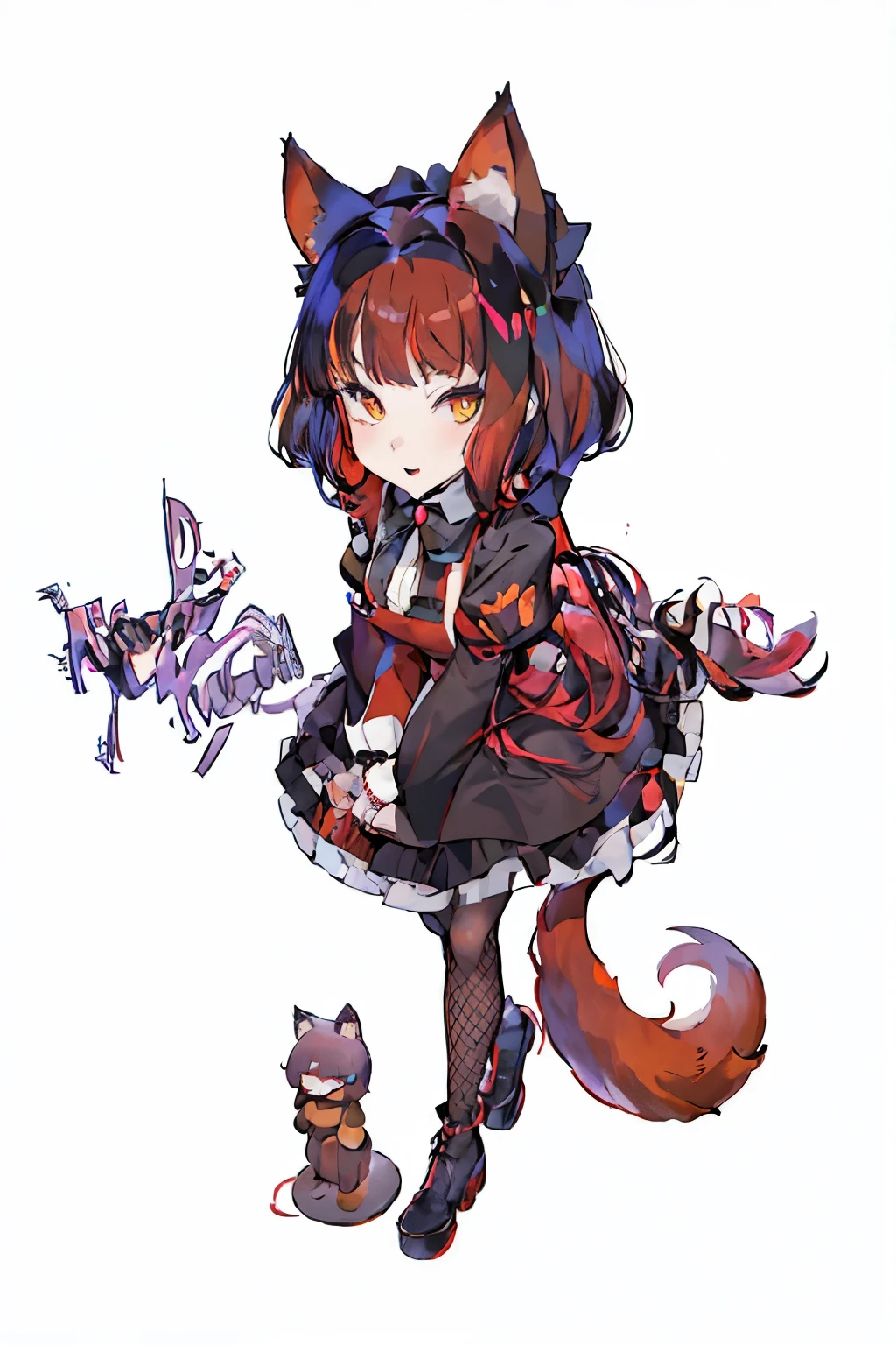 anime girl with red hair and black cat ears and a black dress, holo if a wolf girl, holo is a wolf girl, cute fumo plush fox girl, kitsune, dark fox mage, fullbody commission for, foxgirl, falvie, female furry mini cute style, with kitsune mask, fairycore, full_body!!, hololive