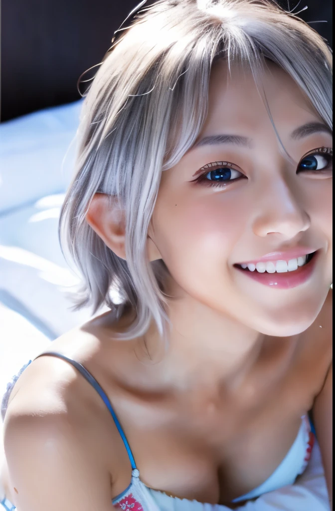 ((masterpiece)), ((best quality)), (ultra-detailed), look up from below, on the bed, a cute girl, 1girl, solo, Micro Bikini 00, ((beautiful eyes)), smile, beautiful silver hair