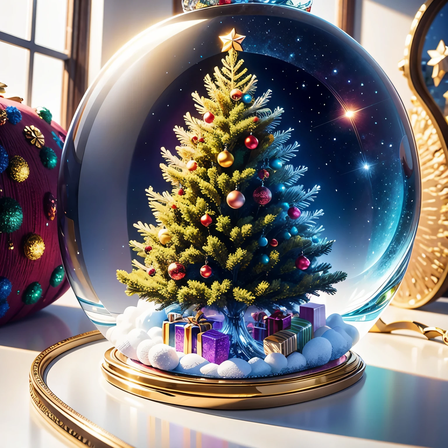 (La best quality,high resolution,super detailed,actual)，Christmas tree formed from jelly，in the room，Christmas decoration，surrounded by christmas gifts，A masterpiece full of fantasy elements）））， （（best quality））， （（intricate details））（8k）