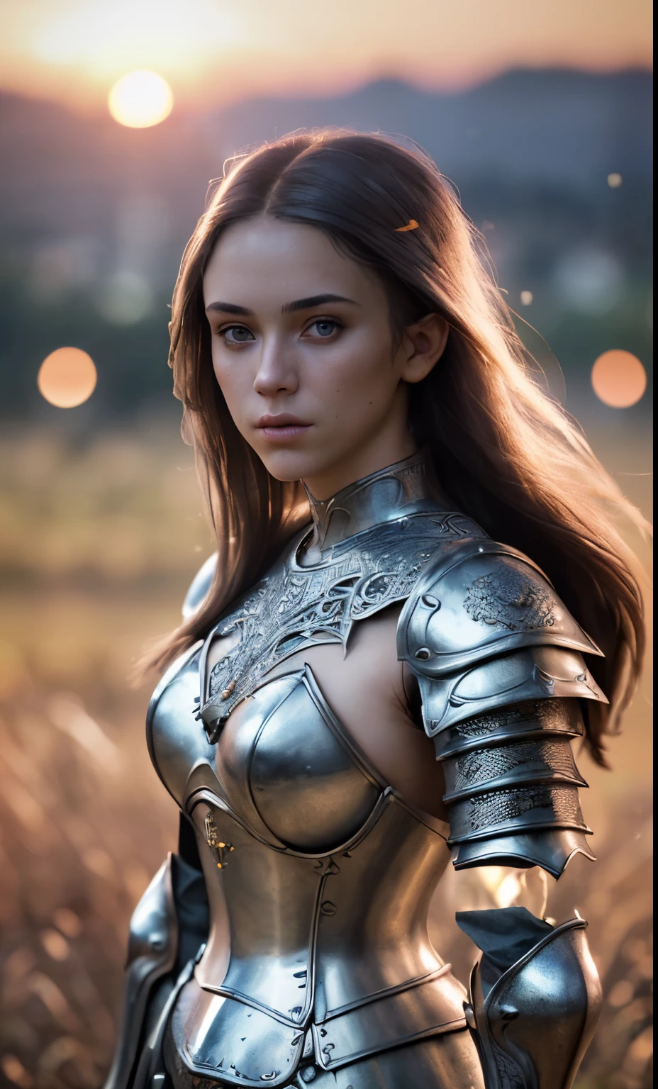 (masterpiece), (extremely intricate:1.3), (realistic), portrait of a girl, the most beautiful in the world, (medieval armor), metal reflections, upper body, outdoors, intense sunlight, far away castle, professional photograph of a stunning woman detailed, sharp focus, dramatic, award winning, cinematic lighting, octane render unreal engine, volumetrics dtx, (film grain, blurry background, blurry foreground, bokeh, depth of field, sunset, motion blur:1.3), chainmail