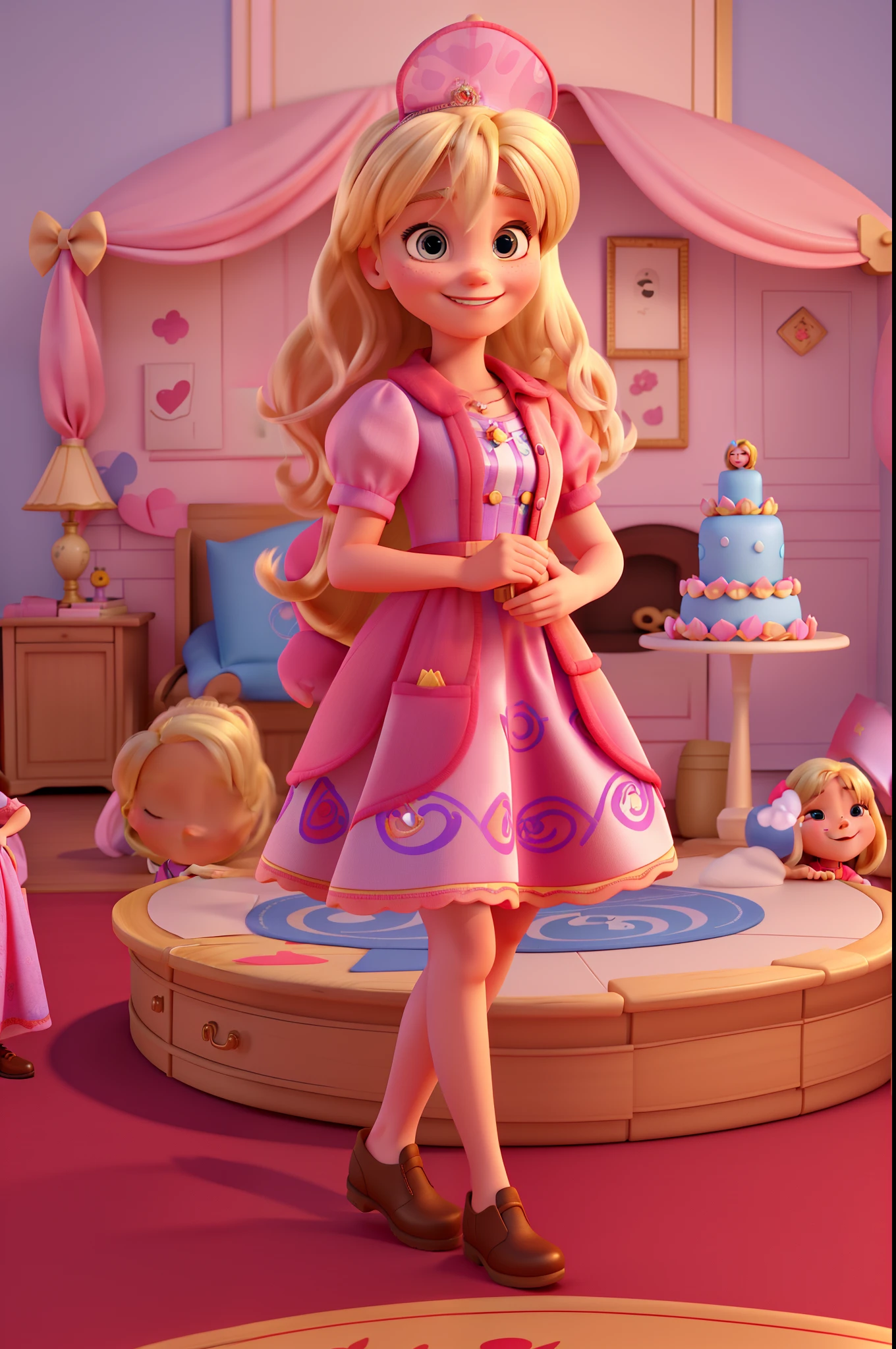 a realistic woman with blonde hair, realistic face, small eyes, smiling, in Disney Pixar 3D animation style, facing the camera, wearing a pink dress, in a princess themed children's party environment