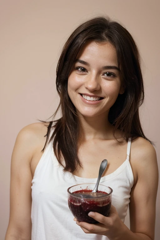 Estilo cartum: Desenhe uma imagem de uma mulher sorridente, with bright eyes and messy hair, holding a spoon full of açaí. Add funny elements, like a mountain of acai in your bowl.