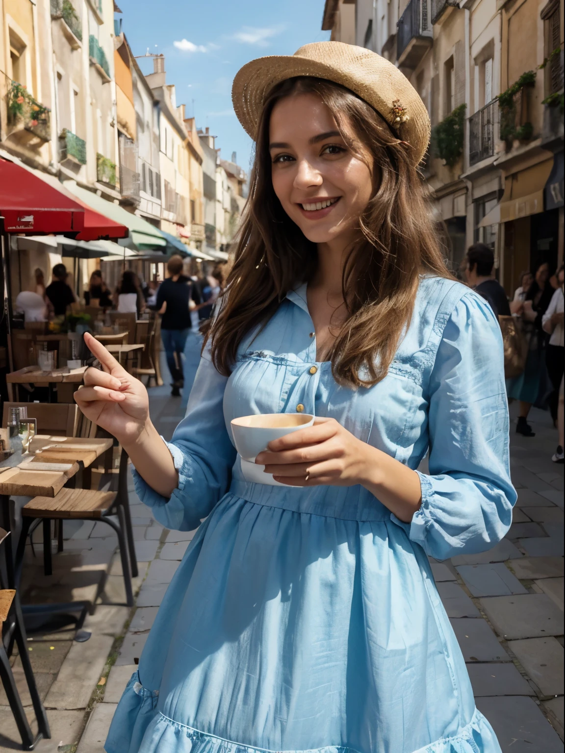 (best quality,high resolution,ultra-detailed:1.2), HDR, Couleurs vives, belle fille, Place de Barcelone, Lively atmosphere, architecture de charme, colorful flowers, gens heureux, vue imprenable, cozy coffee, repas en plein air, sunny weather, elegant dress, Chapeau Élégant, Expression joyeuse, Cheveux longs et flottants, artistes de rue dynamiques, Lively crowd, musiciens de rue, stands de nourriture alléchants, REPERES historiques, mosaic pavé, decorative fonts, palmiers, ciel bleu, chaud soleil, rire et rire, moments d'insouciance
