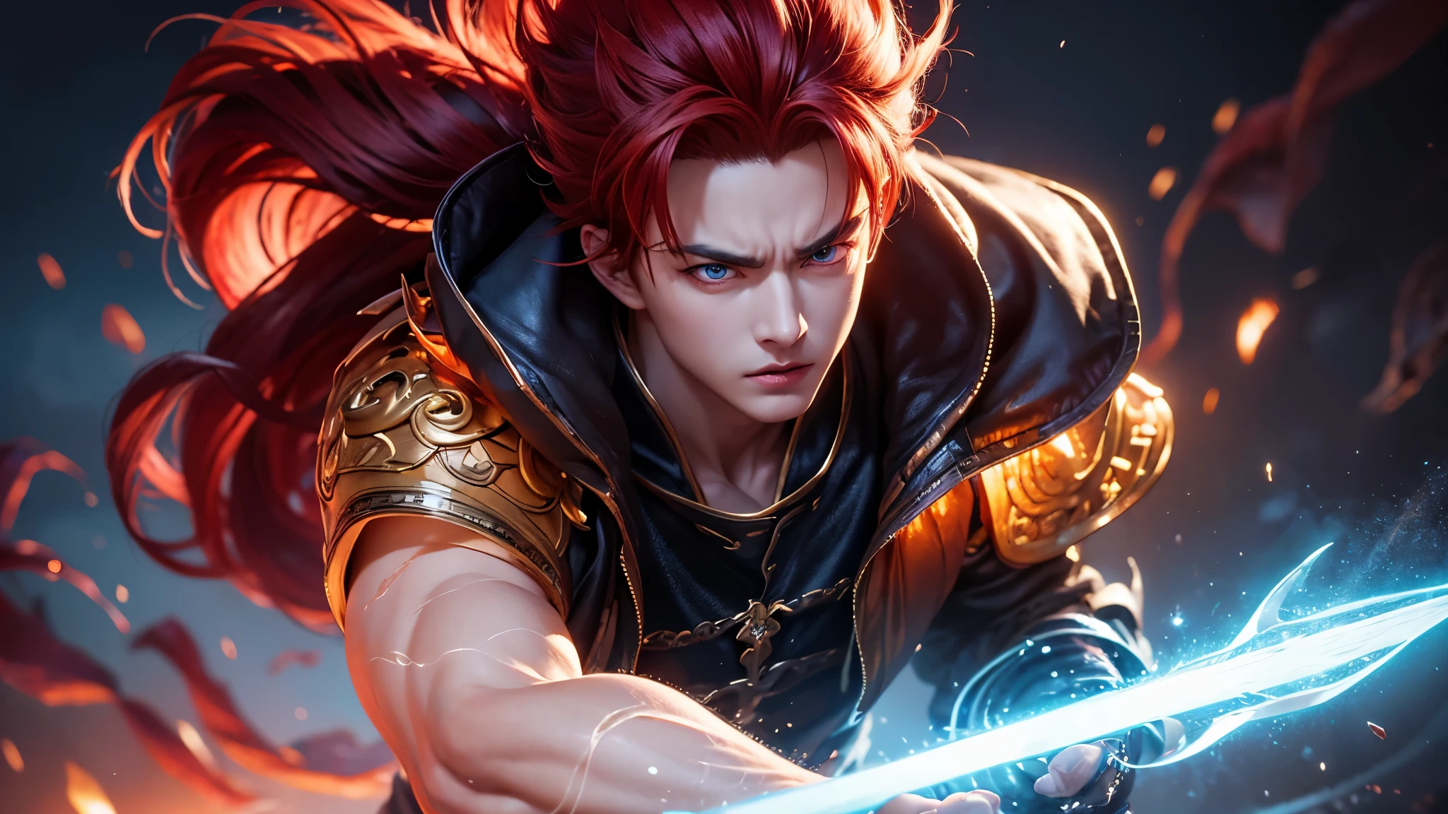 An 8k masterpiece, highest resolution, every detail, meticulous detail, depth of field, bright colors, beautiful composition: stunning take on an anime character Gohan with brilliant red hair and beautifully detailed glowing eyes, standing against a dark and ominous background. This handsome demon slayer is the epitome of bad guys in the world of fantasy art.