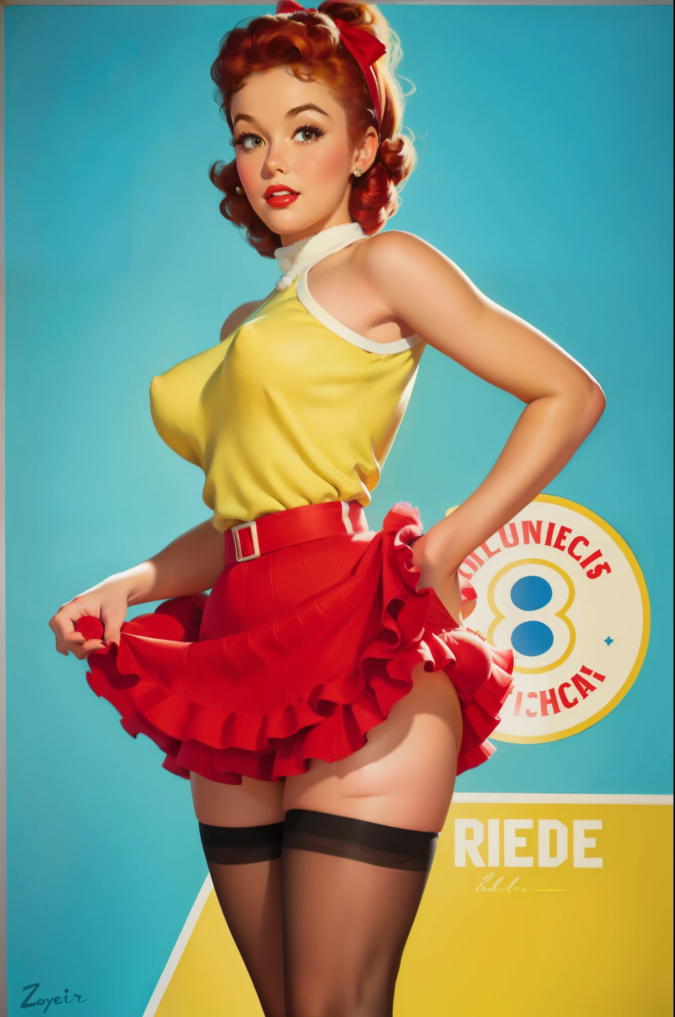 20 years old Girl in school gym,  Riverdale High School cheerleader outfit with blue and gold pom poms, medium , shining skin, dramatic lighting, pin up style, , surprised, , colorful , masterpieces, illustrated, shining skin, detailed face, Medium . tight body. red hair, Illustrated BY Zoe Mozert,   pinup art byZoe Mozert,  vintage pin up, illustrated by Zoe Mozert, girl pinup, pinup girl, pin-up poster girl, pin up girl, pinup, pin - up girl, Detailed face, Detailed Hands, Detailed legs,