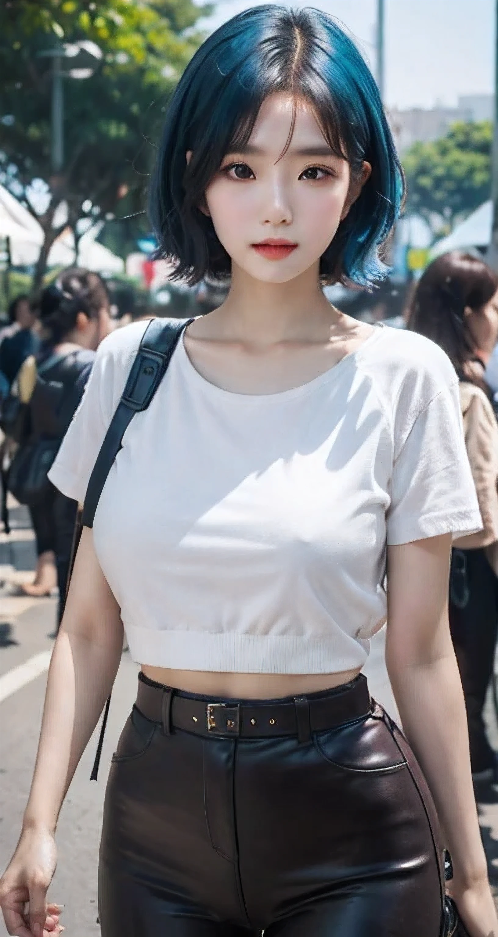 Best Quality Detail:1.2, realisitic, 8K UHD, hight resolution, 1girl in:1.2, The ultra-detailliert, High quality textures, intricate detailes, detaileds, Very detailed CG, High quality shadows, Detail Beautiful delicate face, Detail Beautiful delicate eyes, depth of fields, Ray traching, masterpiece, best quality,ulzzang -6500-v1.1:0.6, pureerosface_v1, Pretty korean Girl, Korean Urzan Face:1.1, milf, 28 year old woman,short neon blue hair,shiny_skin,thin_waist,gigantic breasts,wearing dark red casual korean clothes with hot pants, 4K, 8K UHD Full Color RAW Photos, Fuji Film(Medium format:1.2), Hasselblad:1.2, Carl zeiss:1.1, Incredible dynamic range photography(UTIL_Art by Smoose-768:1.1), hight resolution, High pixel count, clear details, crisp image, Natural color reproduction, Noise Reduction, High fidelity, qulity, Software Improvements, Upscaling, Optimized algorithms, Pro-level retouching,crowd:1.1,depth of field,looking at viewer,random sexy pose walking at monas jakarta indonesia, walking at monas jakarta indonesia background