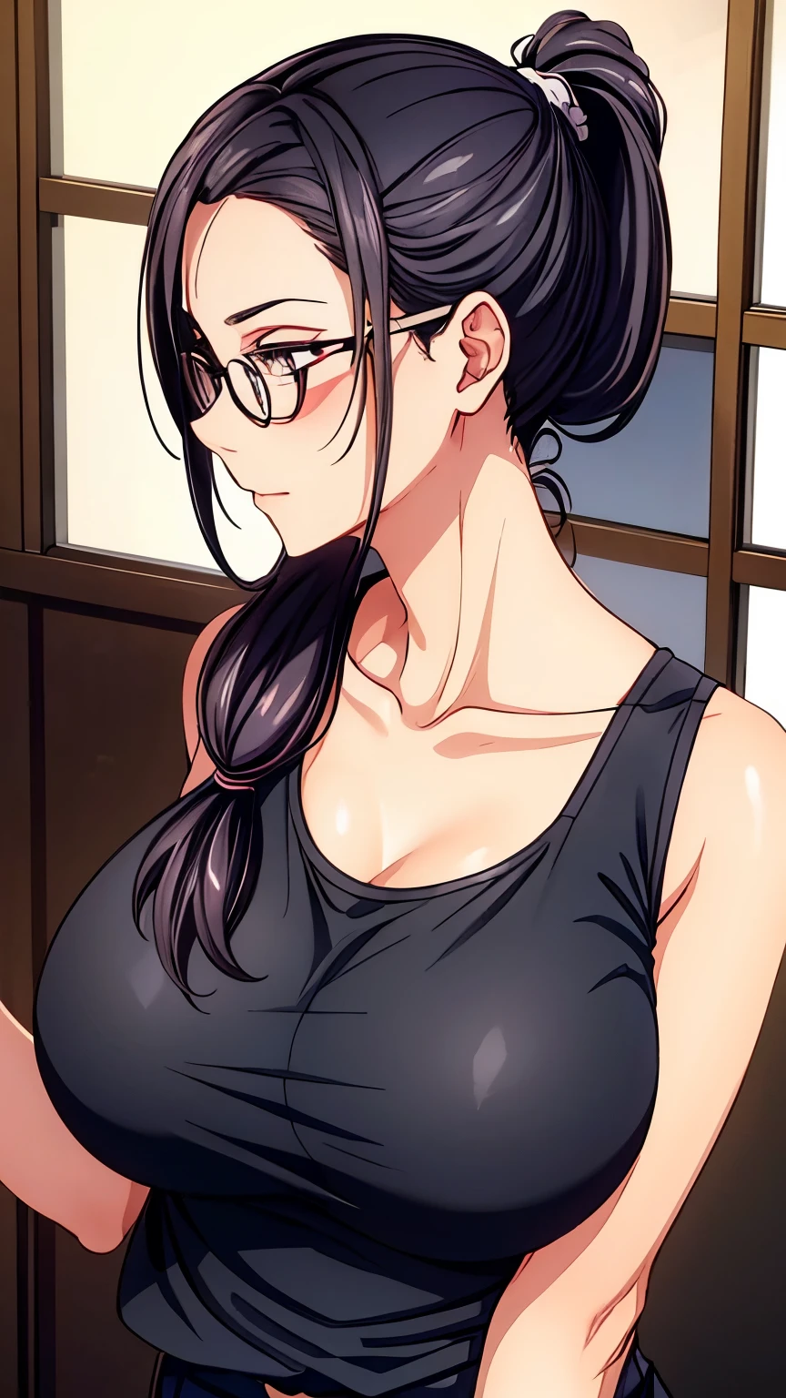 1 milf, ponytail hair, wearing glasses, wearing a black tank top(with white shirt that is not buttoned), facing forward 