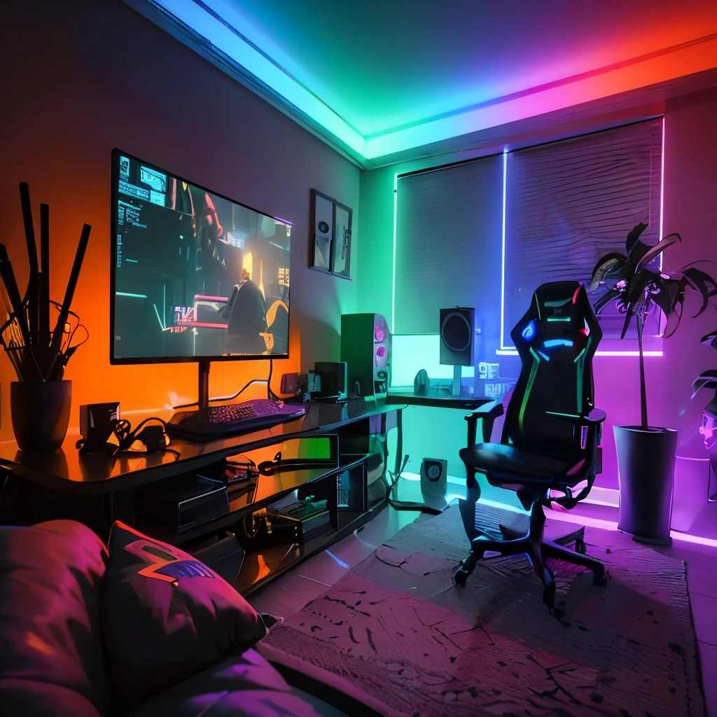 uma sala com mesa de computador, cadeira, and a television in it, sala de jogos, jogos liderados, RGB lighting, Luzes RGB, luzes led rgb, tema de jogador, sala de jogos in 2 0 4 0, em uma sala com tema cyberpunk, player aesthetic, RGB ethereal lighting, luzes de destaque neon, quarto de adolescente cyberpunk, colorful lighting, neon ambient lighting, tiras de luz led