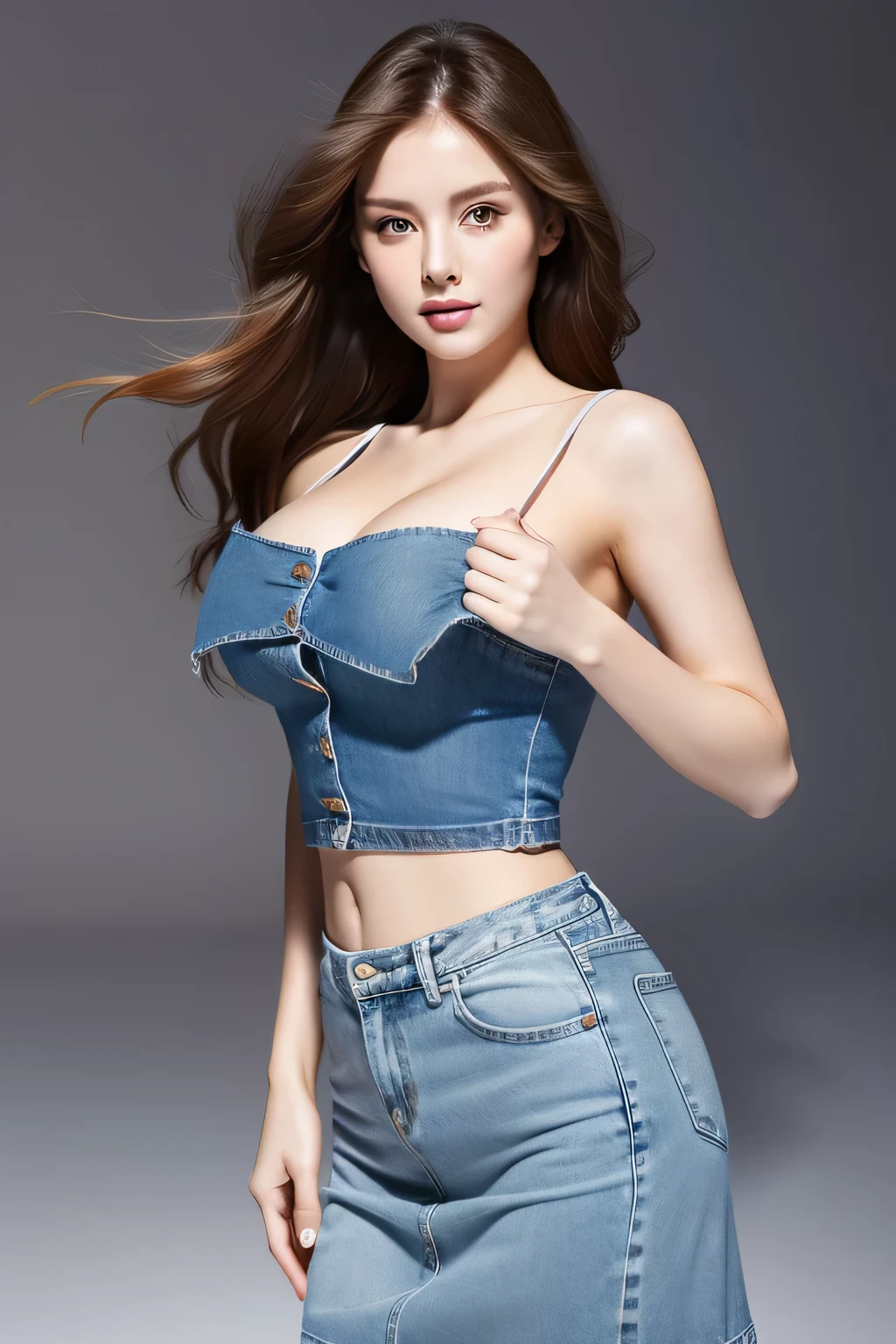 whole body, female, feeble, Elegant appearance, Beautiful and sexy supermodel, 22 years old, heavy makeup, beautiful and perfect face, fit your body, correct anatomy, bright eyes, big bust, realistic body, denim skirt, running shoes,