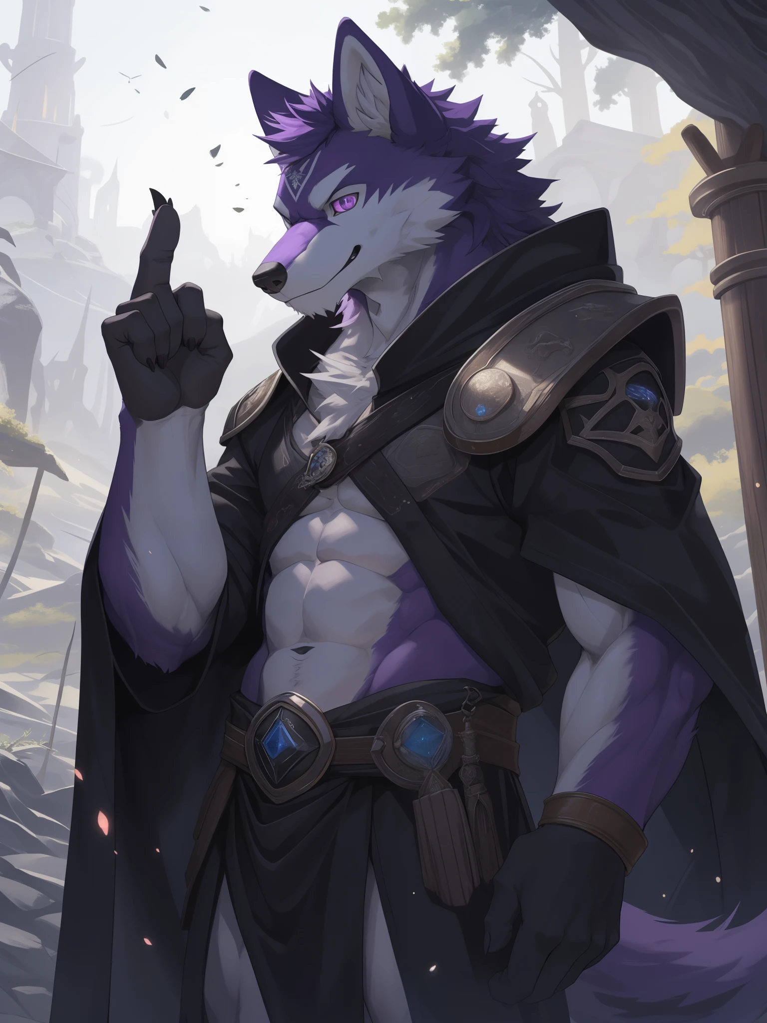 epic fantasy，fantasy warlock, soft lines，perfect lighting，Gorgeous dodge gesture，Exquisite composition，Gorgeous，super detailed，mage，The eyes are sinister，pink purple eyes，hairy，There is a diamond-shaped silver-white pattern with a hollow center on the forehead, and there are purple hairs in the middle of the pattern.，purple fur，purple fur，people(Wolf)，male，19-year-old boy，purple body，white belly，Strong and lean body，mage服装，gray long cloak, super detailed face, (delicate eyes), (The background is a vast forest scene:0.5), light particles, (best quality), (masterpiece), high detail, high quality, Award-winning, high resolution, HD, 16k