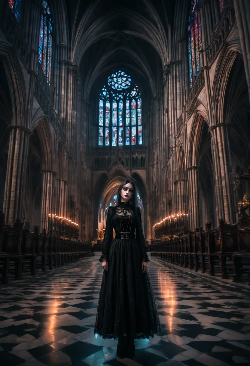 1girl, gothic aesthetic, Grand Gothic Cathedral; Dark Eerie Atmosphere, Hyperrealistic, sharp focus shot, intricately detailed, color depth, dramatic, side light, colorful stars, intricate details, HDR, beautifully shot, hyperrealistic, sharp focus, megapixels, perfect composition, high contrast, cinematic, atmospheric, moody
