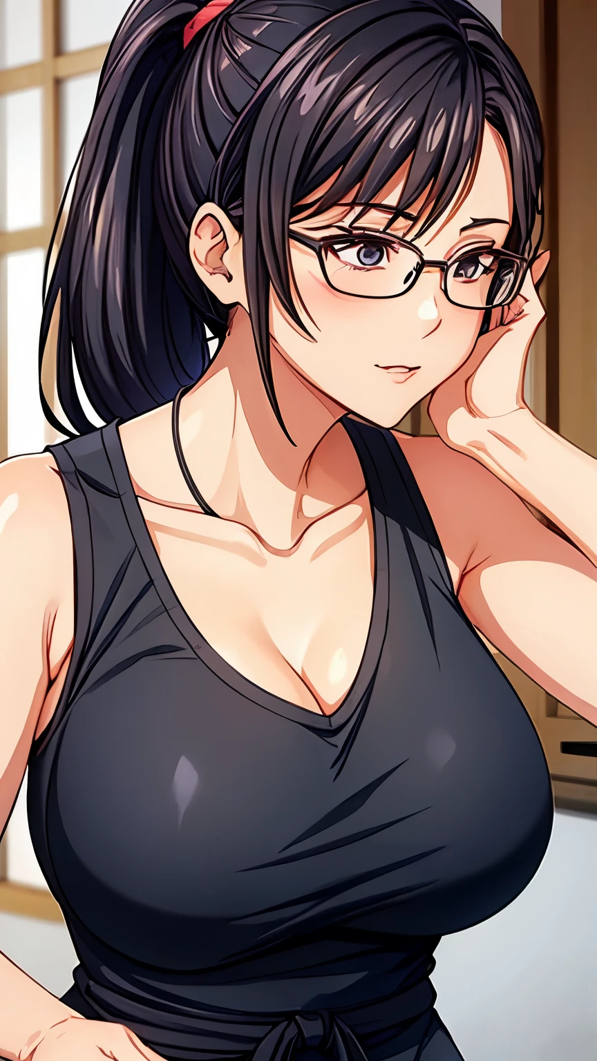 1 milf, ponytail hair, wearing glasses, wearing a black tank top that showing her cleavage, facing forward 