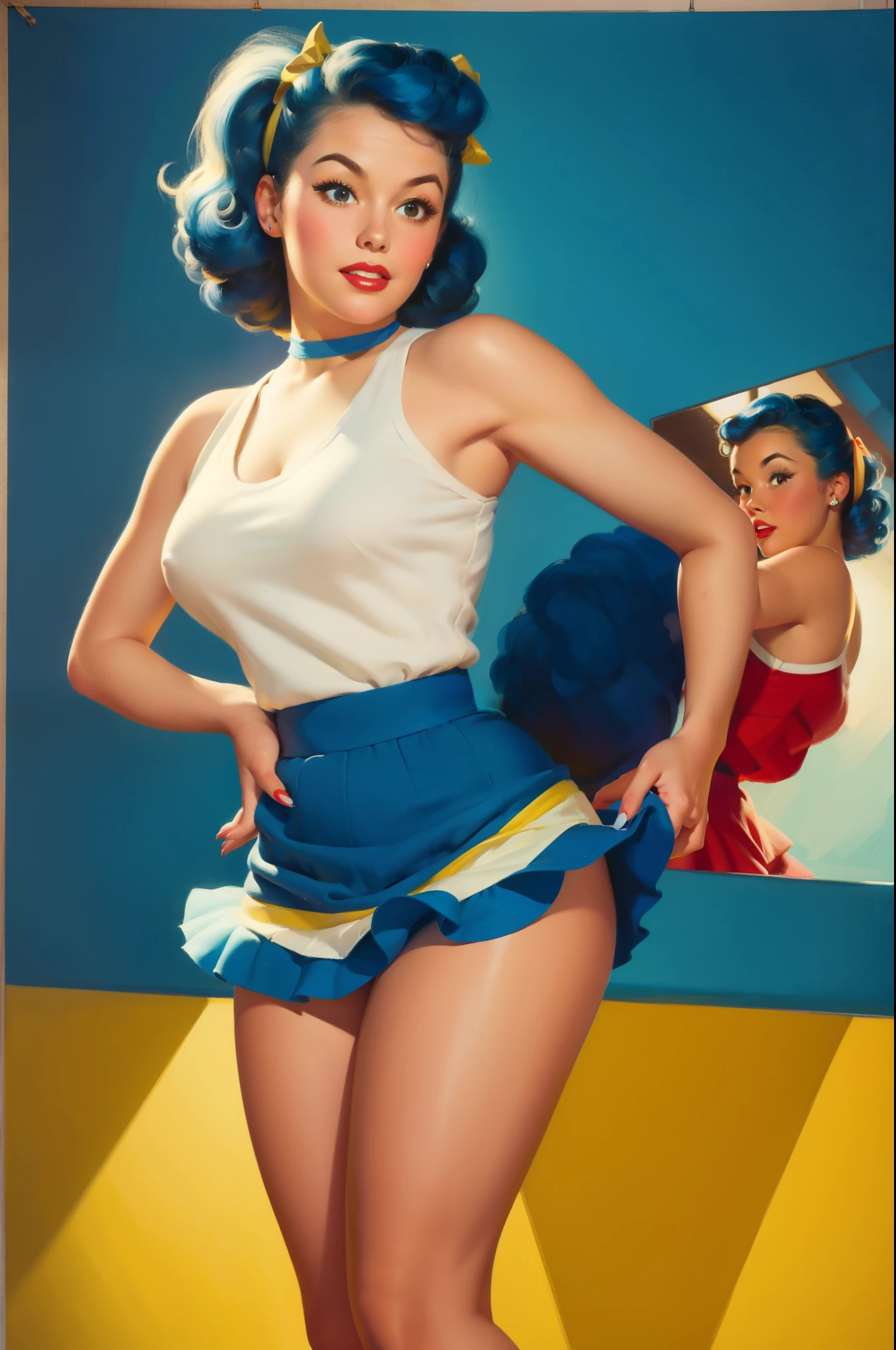 20 years old Girl in school gym, sexy Riverdale High School cheerleader outfit with blue and gold pom poms, medium breast, shining skin, dramatic lighting, pin up style, sexy, surprised, , colorful , masterpieces, illustrated, shining skin, detailed face, Medium breast. tight body. blue hair, Illustrated BY Zoe Mozert, pinup art byZoe Mozert, vintage pin up, illustrated by Zoe Mozert, girl pinup, pinup girl, pin-up poster girl, pin up girl, pinup, pin - up girl, Detailed face, Detailed Hands, Detailed legs,