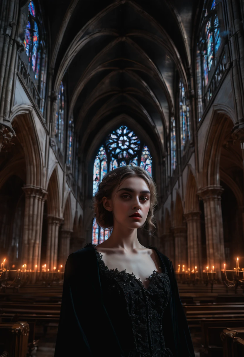 1girl, gothic aesthetic, Grand Gothic Cathedral; Dark Eerie Atmosphere, Hyperrealistic, sharp focus shot, intricately detailed, color depth, dramatic, side light, colorful stars, intricate details, HDR, beautifully shot, hyperrealistic, sharp focus,  megapixels, perfect composition, high contrast, cinematic, atmospheric, moody