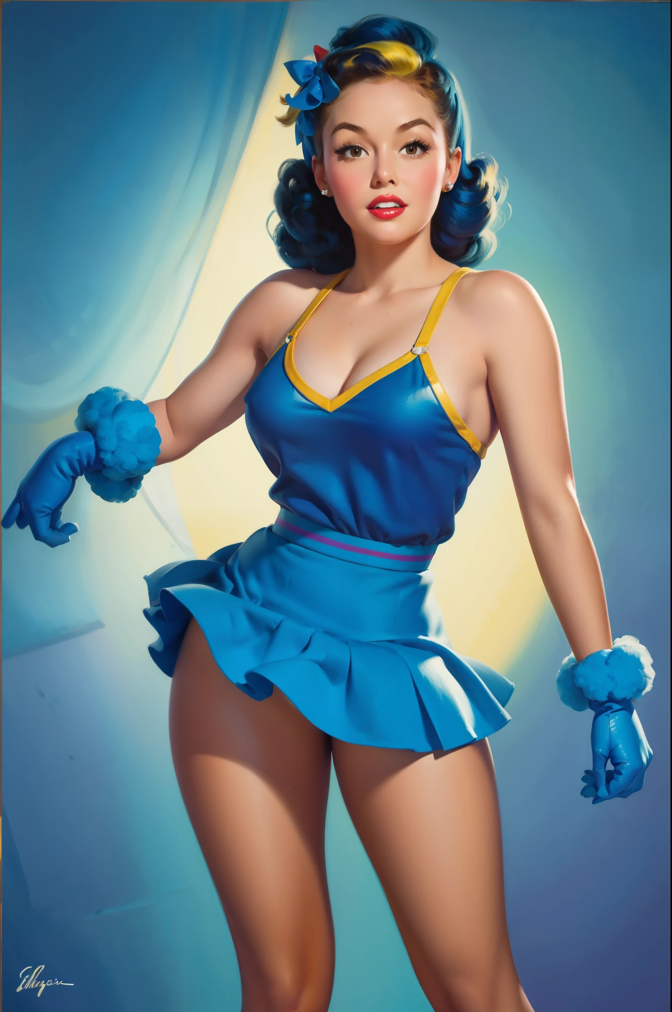 20 years old Girl in school gym, sexy Riverdale High School cheerleader outfit with blue and gold pom poms, medium breast, shining skin, dramatic lighting, pin up style, sexy, surprised, , colorful , masterpieces, illustrated, shining skin, detailed face, Medium breast. tight body. rainbow hair, Illustrated BY Zoe Mozert, pinup art byZoe Mozert, vintage pin up, illustrated by Zoe Mozert, girl pinup, pinup girl, pin-up poster girl, pin up girl, pinup, pin - up girl, Detailed face, Detailed Hands, Detailed legs,