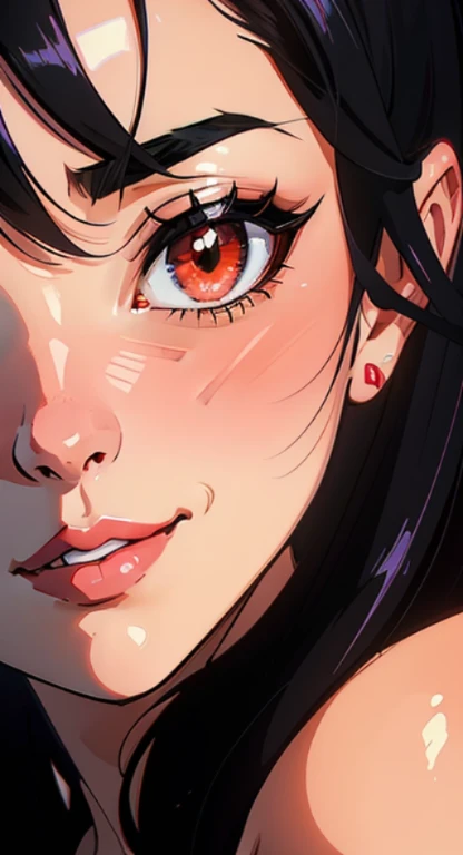 Black-haired girl with hair bobbles, long eyelashes framing solid circle eyes, a blush on her ears, a faint fang peeking through her lips, light blush on her cheeks, and red lips curved into a seductive smile. Surrounded by elements of Surrealism, her image comes to life with drop shadow effects, anaglyph depth, stereogram texture, and tachi-e brush strokes. Observed from a pov, atmospheric perspective adds depth and dimension to the anime-style illustration, meticulously crafted in 8k resolution with super detail and curated for best quality.
