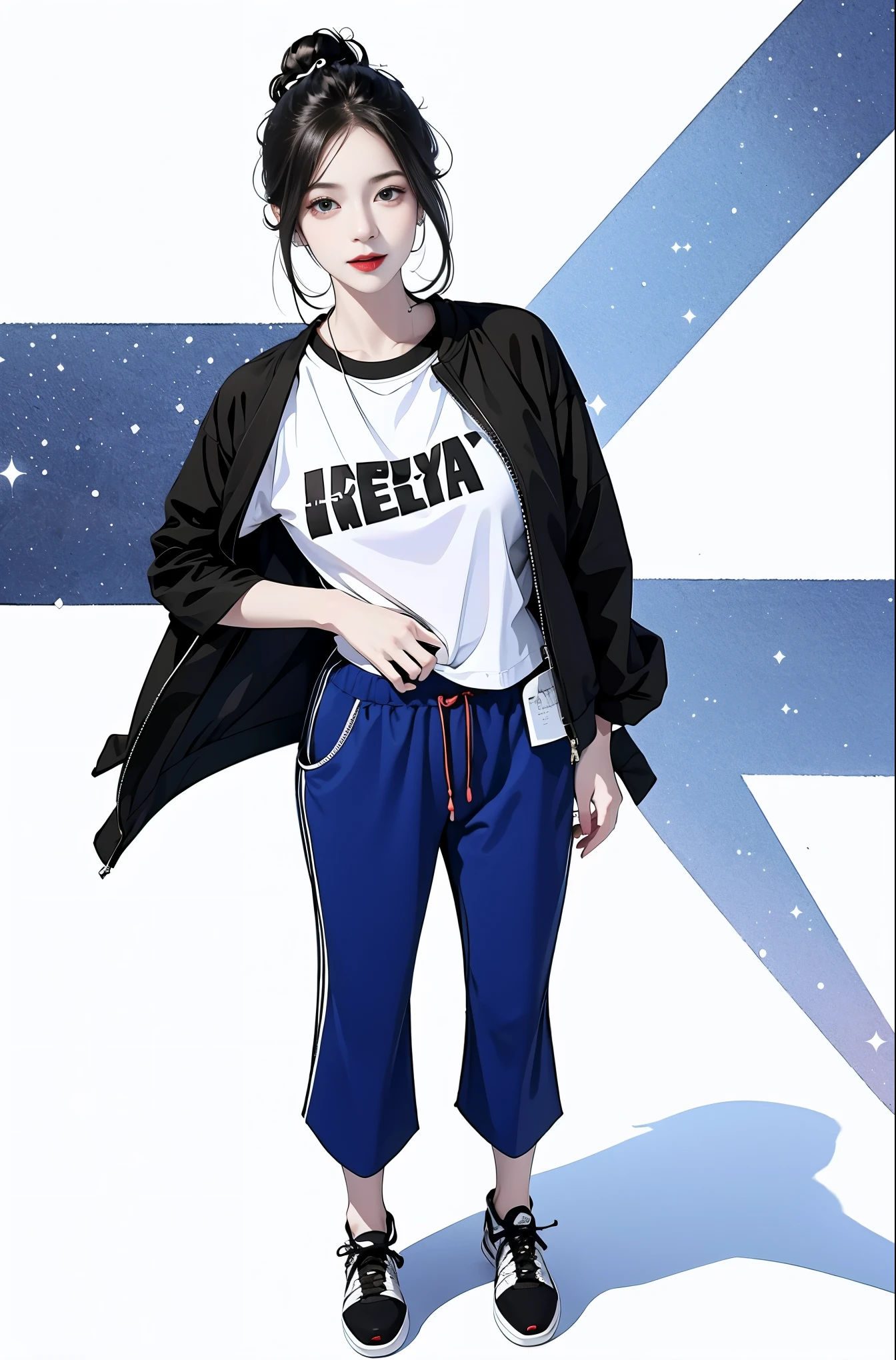 masterpiece, best quality, ((pure white background)), standing, black hair bun,cold face, full body, jacket, T-shirt, pants, (Fashionable clothing), happy, light effect, soft, super clear, high-definition picture, (front)