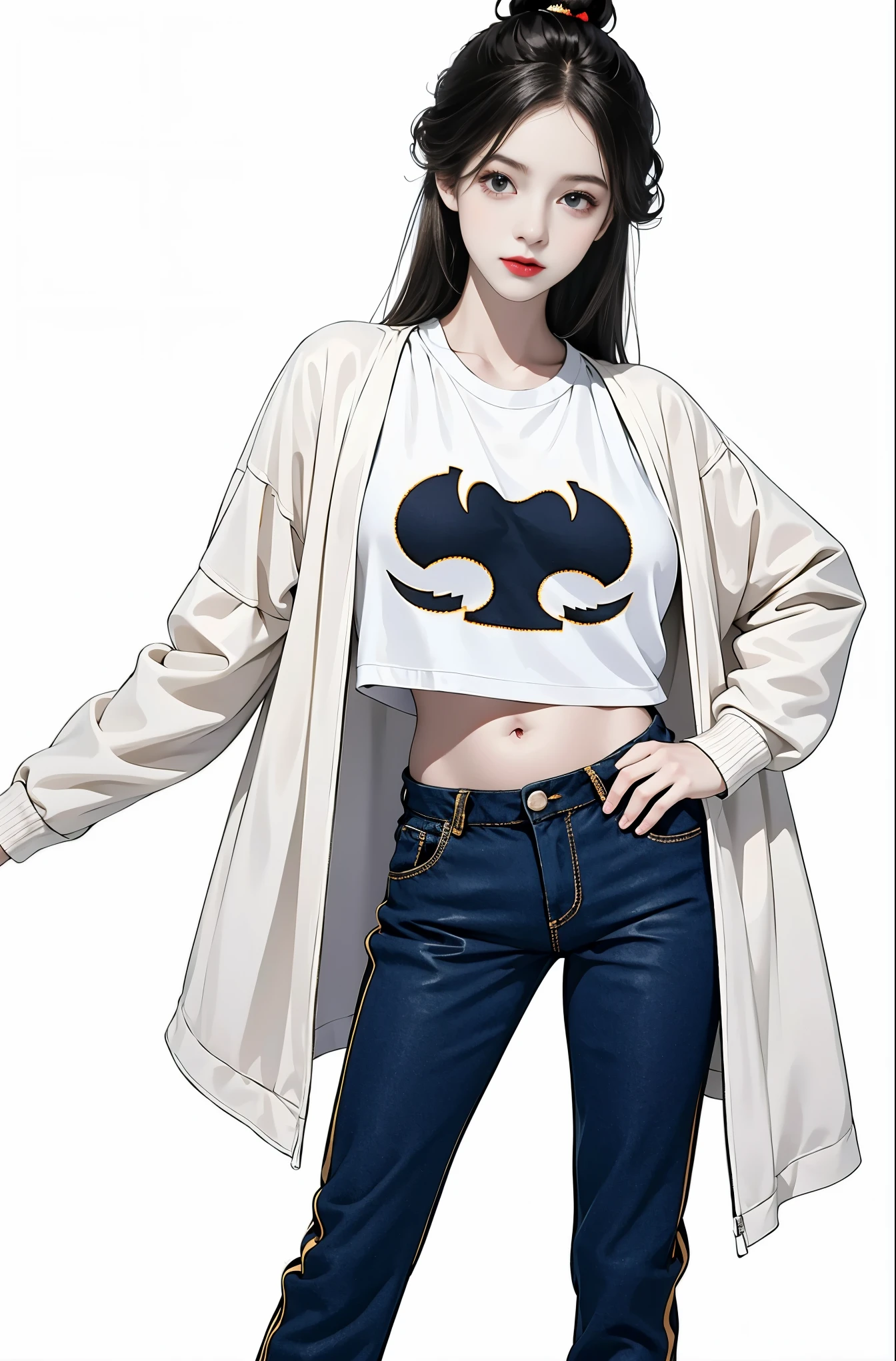 masterpiece, best quality, ((pure white background)), standing, black hair bun,cold face, full body, jacket, T-shirt, pants, (Fashionable clothing), happy, light effect, soft, super clear, high-definition picture, (front)
